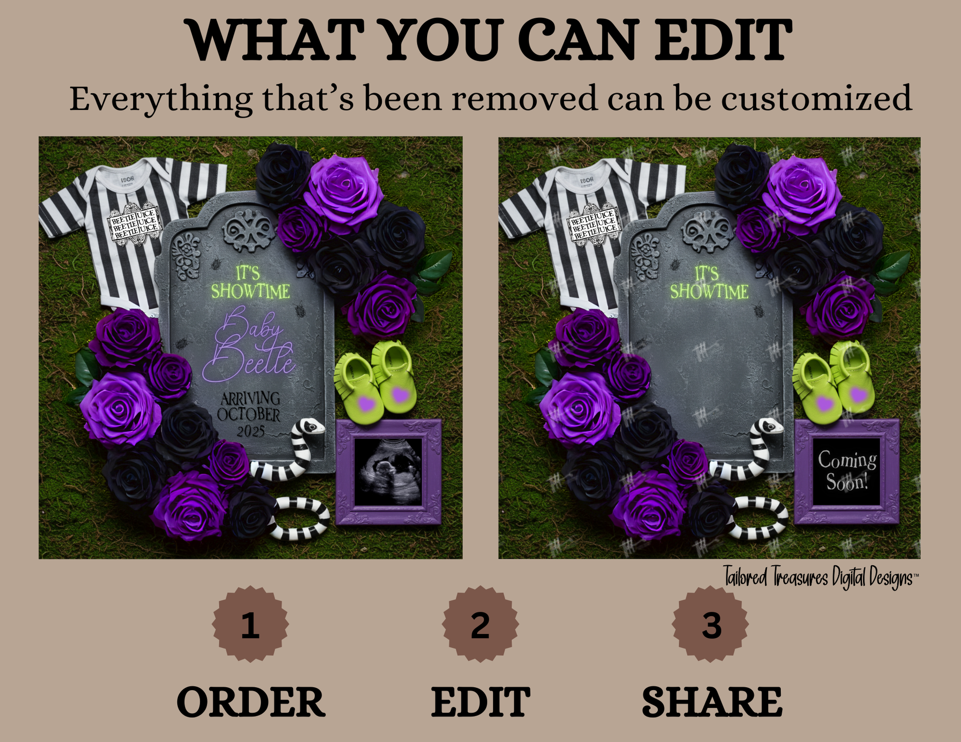 Digital Spooky Pregnancy Announcement, It's Showtime, Customizable Beetlejuice Themed, Personalized Editable Template TailoredTreasuresDigitalDesigns™