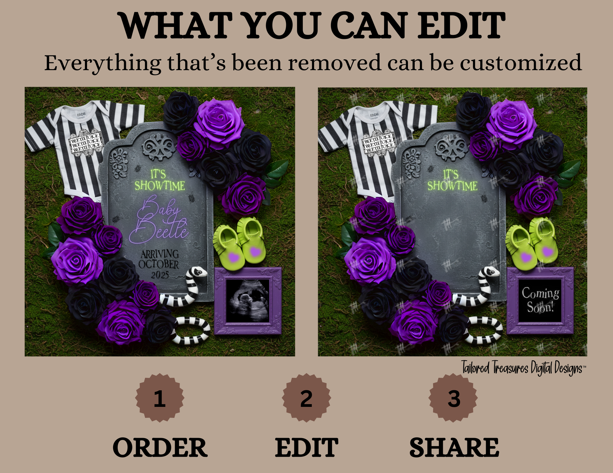 Digital Spooky Pregnancy Announcement, It's Showtime, Customizable Beetlejuice Themed, Personalized Editable Template TailoredTreasuresDigitalDesigns™