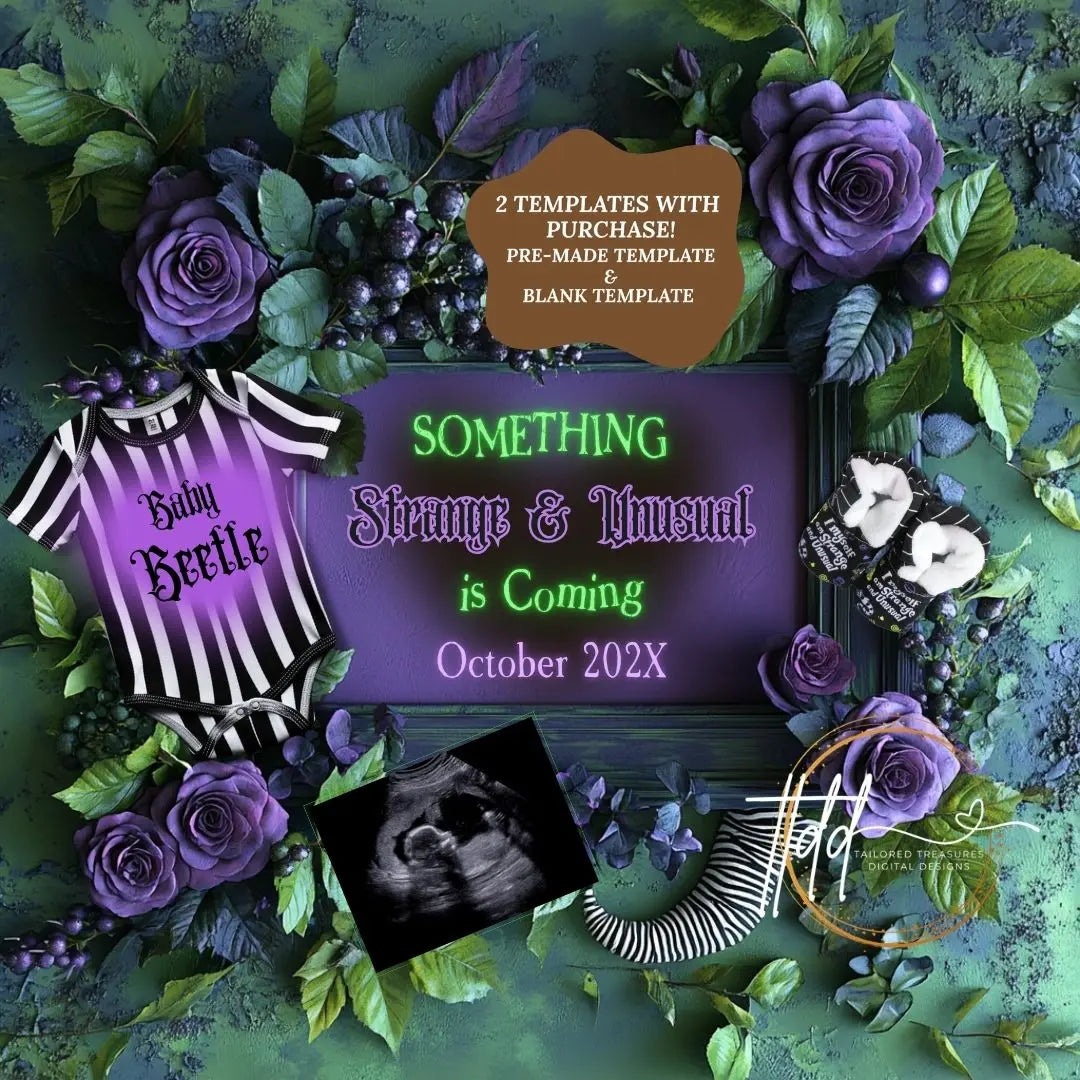Beetlejuice Strange & Unusual Baby Reveal Digital Editable Template, Halloween Canva Template TailoredTreasuresDigitalDesigns™