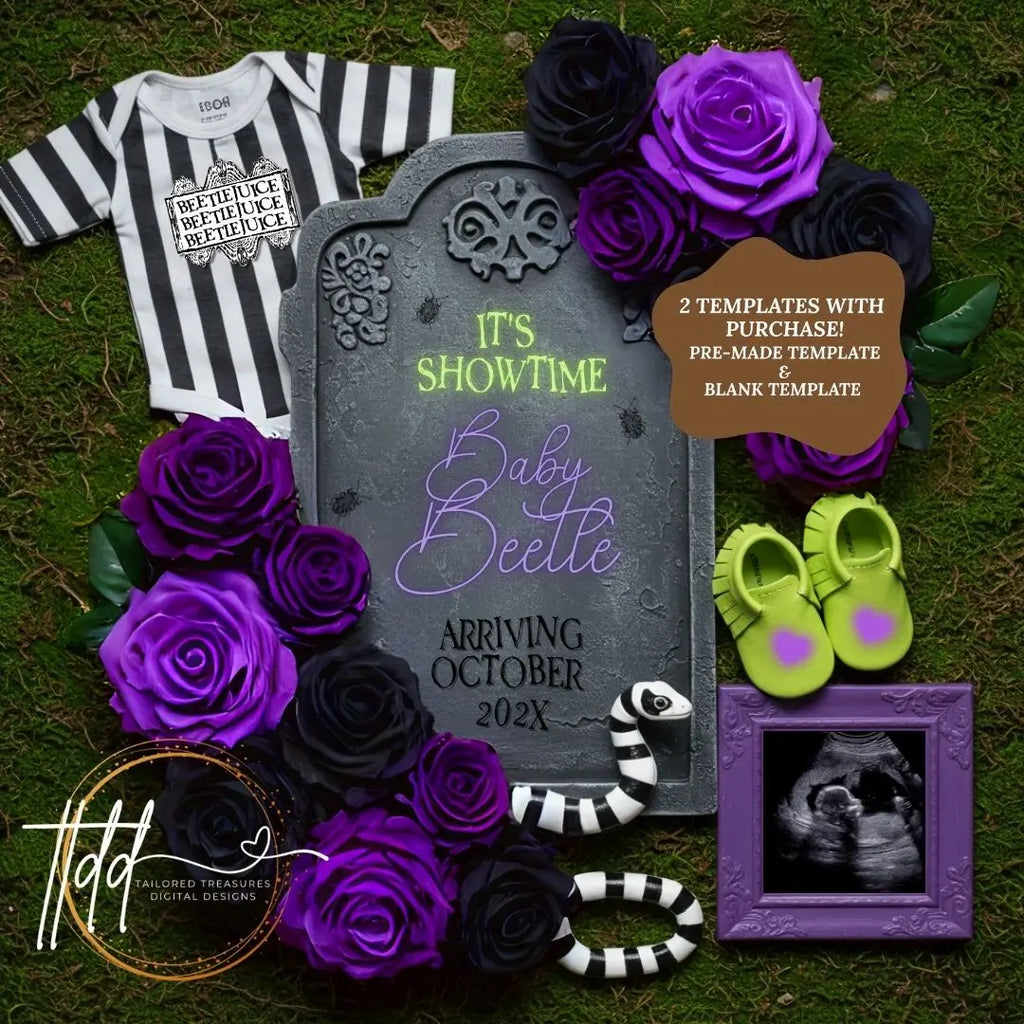 Beetlejuice Showtime Baby Reveal Digital Editable Template, Halloween Canva Instant Download TailoredTreasuresDigitalDesigns™