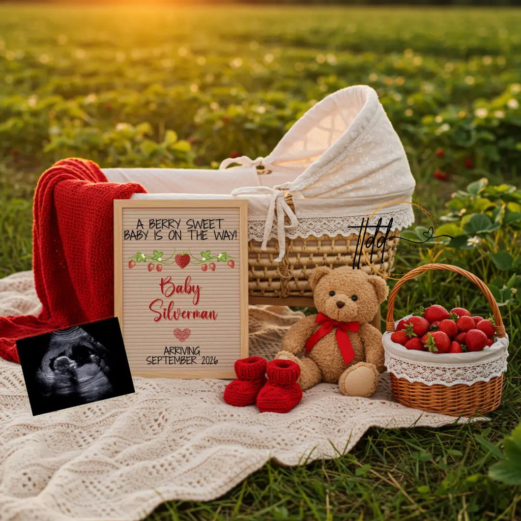 A Berry Sweet Baby Is Due, Spring Digital Pregnancy Announcement, Customizable Strawberry Themed, Personalized Editable Template TailoredTreasuresDigitalDesigns™