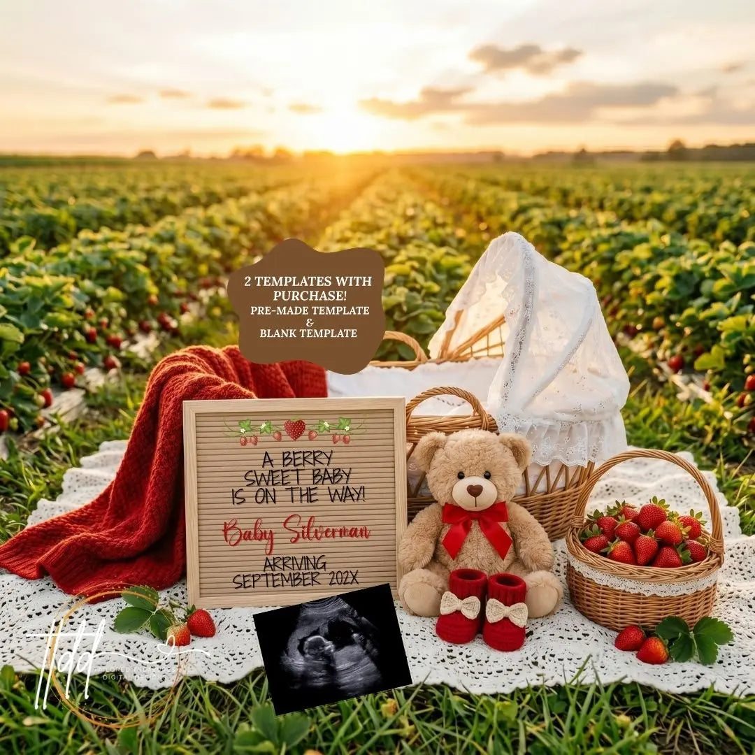 Berry Sweet Baby Reveal Digital Editable Template, Strawberry Themed Canva Instant Download TailoredTreasuresDigitalDesigns™