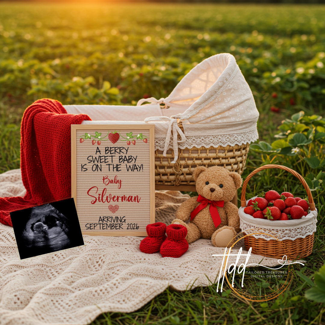 Digital Pregnancy Announcement, A Berry Sweet Baby Is Due, Customizable Strawberry Themed, Personalized Editable Template TailoredTreasuresDigitalDesigns™