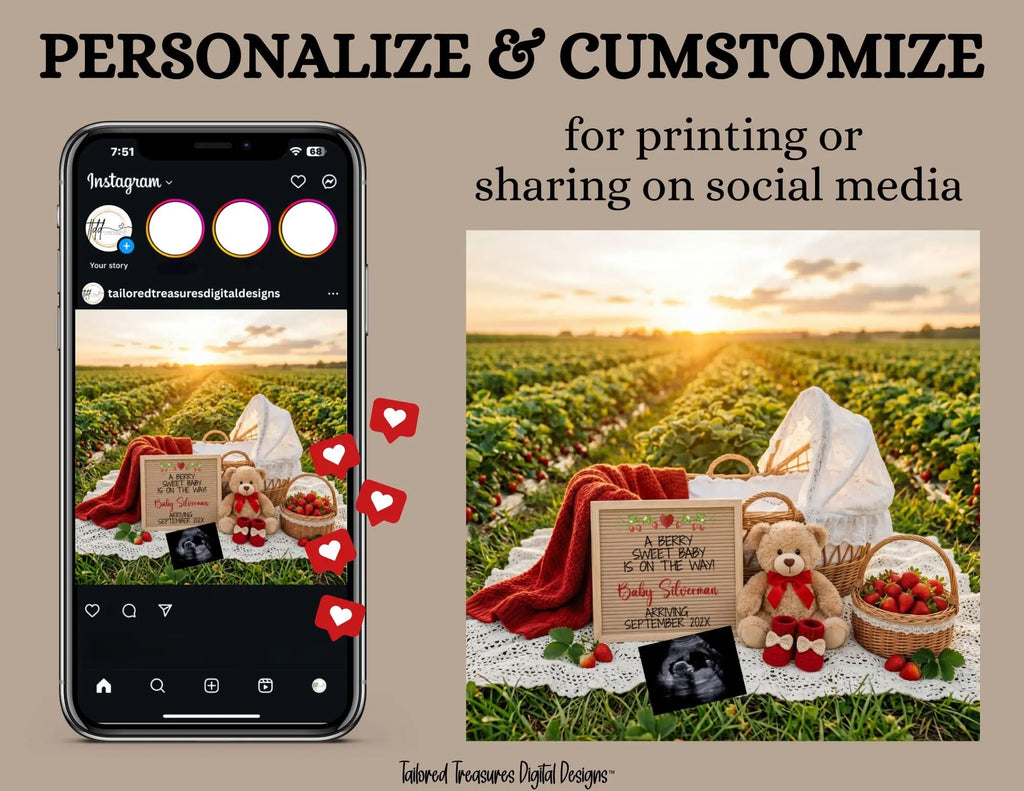 Berry Sweet Baby Reveal Digital Editable Template, Strawberry Themed Canva Instant Download TailoredTreasuresDigitalDesigns™