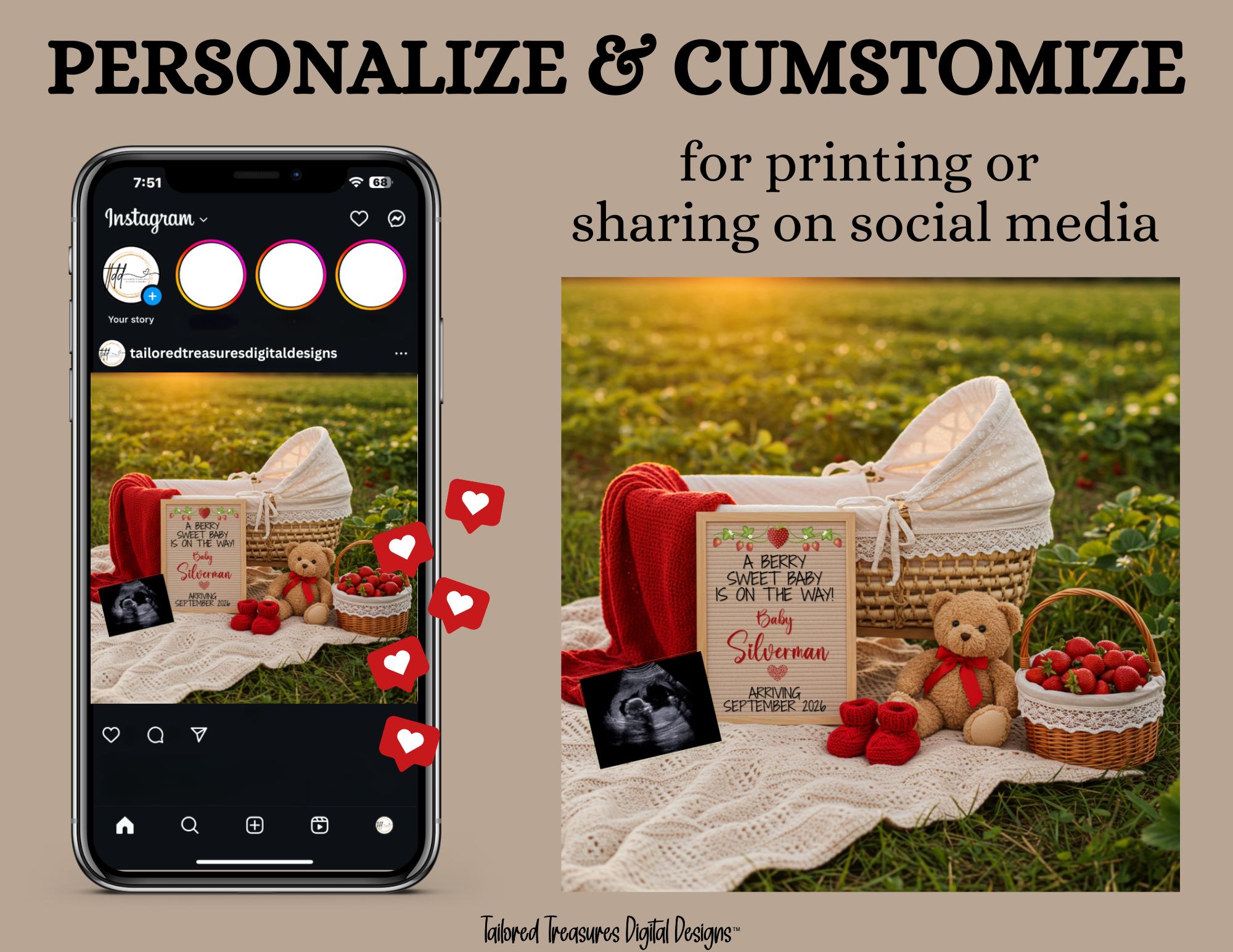 Digital Pregnancy Announcement, A Berry Sweet Baby Is Due, Customizable Strawberry Themed, Personalized Editable Template TailoredTreasuresDigitalDesigns™