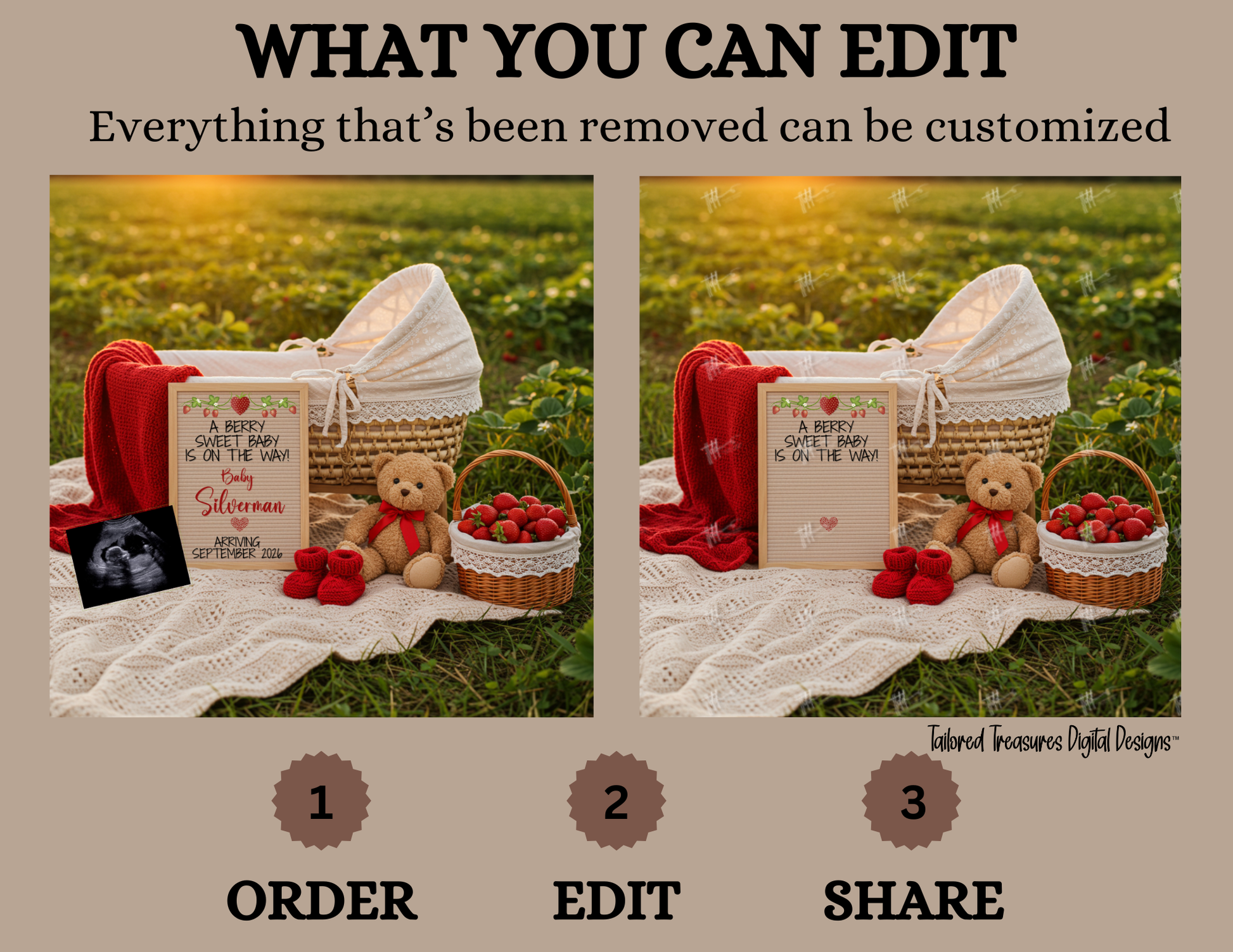 Digital Pregnancy Announcement, A Berry Sweet Baby Is Due, Customizable Strawberry Themed, Personalized Editable Template TailoredTreasuresDigitalDesigns™