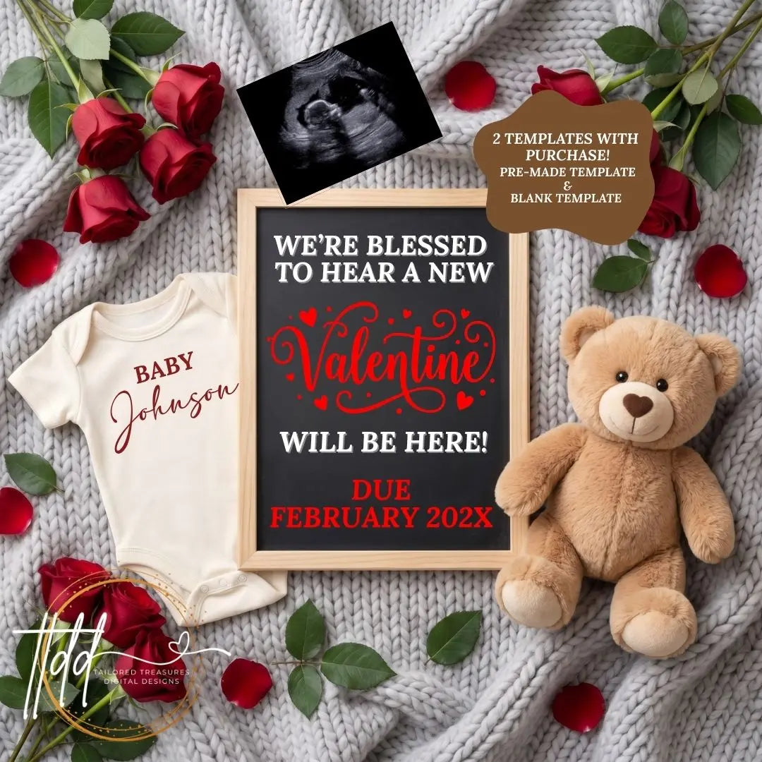 Digital Valentine's Pregnancy Announcement, New Valentiny, Customizable February Themed, Personalized Editable Template TailoredTreasuresDigitalDesigns™