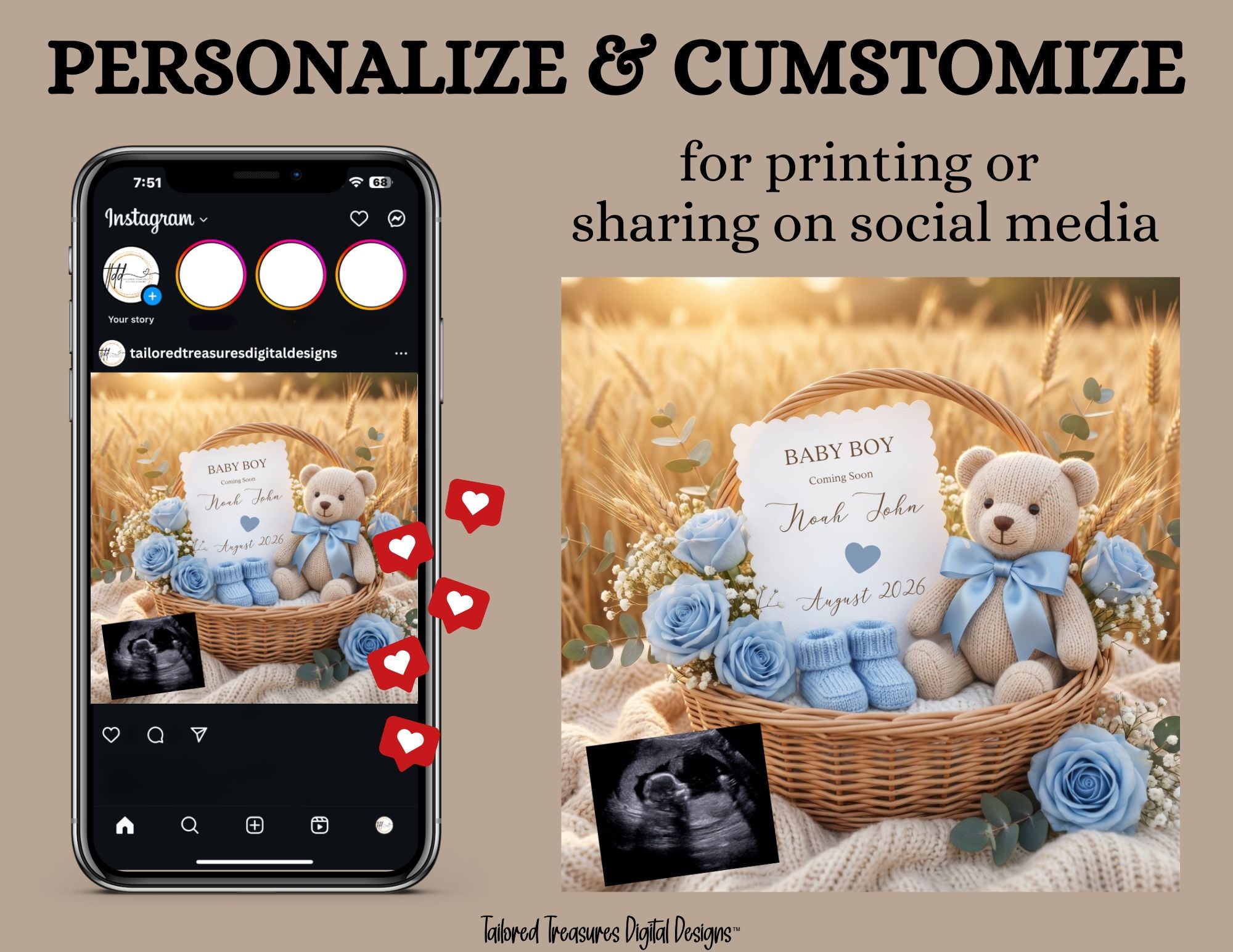 Blue Rose Baby Boy Pregnancy Announcement Template | Rustic Boho Editable Digital Download TailoredTreasuresDigitalDesigns™