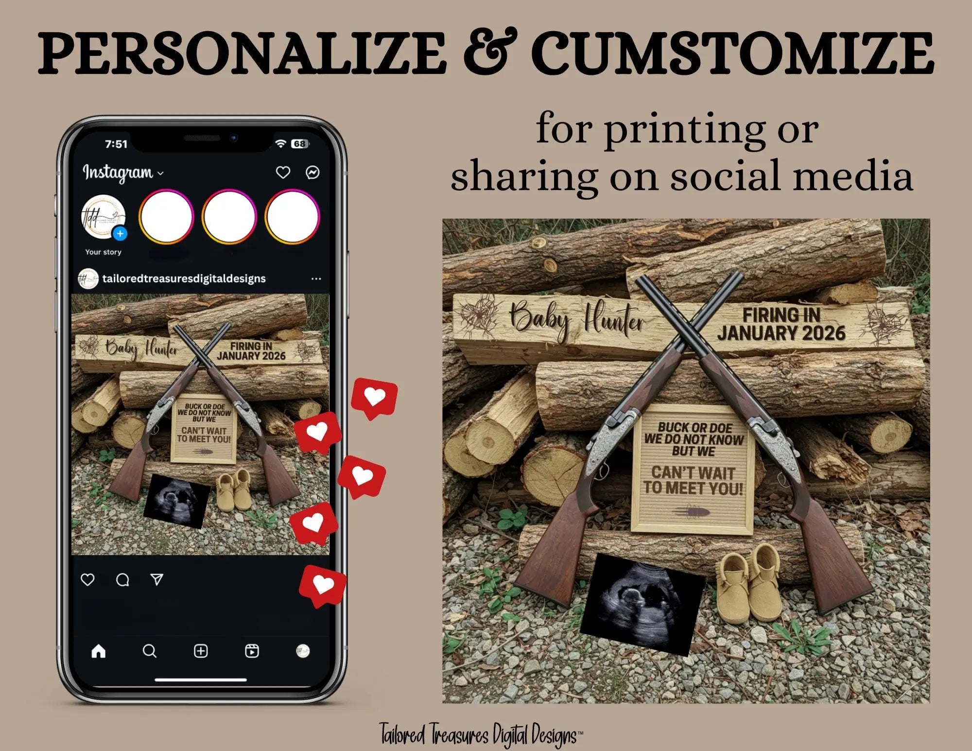 Hunting Buck or Doe Baby Reveal Digital Editable Template, Canva Social Media Template TailoredTreasuresDigitalDesigns™