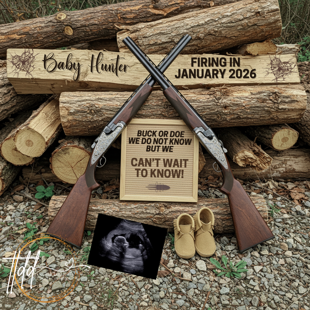 Digital Rifle Themed Pregnancy Announcement, Buck or Doe, Customizable, Downloadable Editable Template TailoredTreasuresDigitalDesigns™
