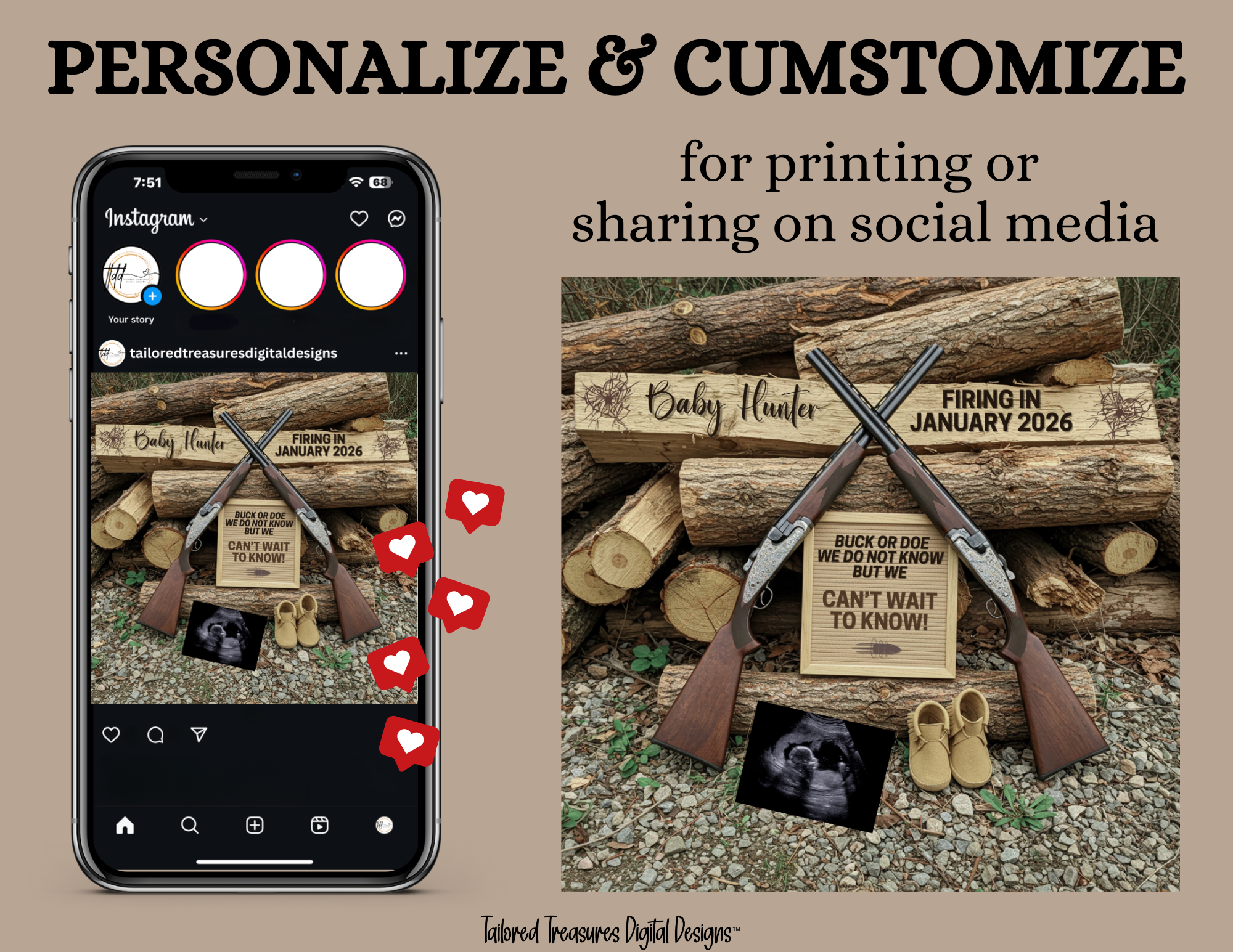 Digital Rifle Themed Pregnancy Announcement, Buck or Doe, Customizable, Downloadable Editable Template TailoredTreasuresDigitalDesigns™