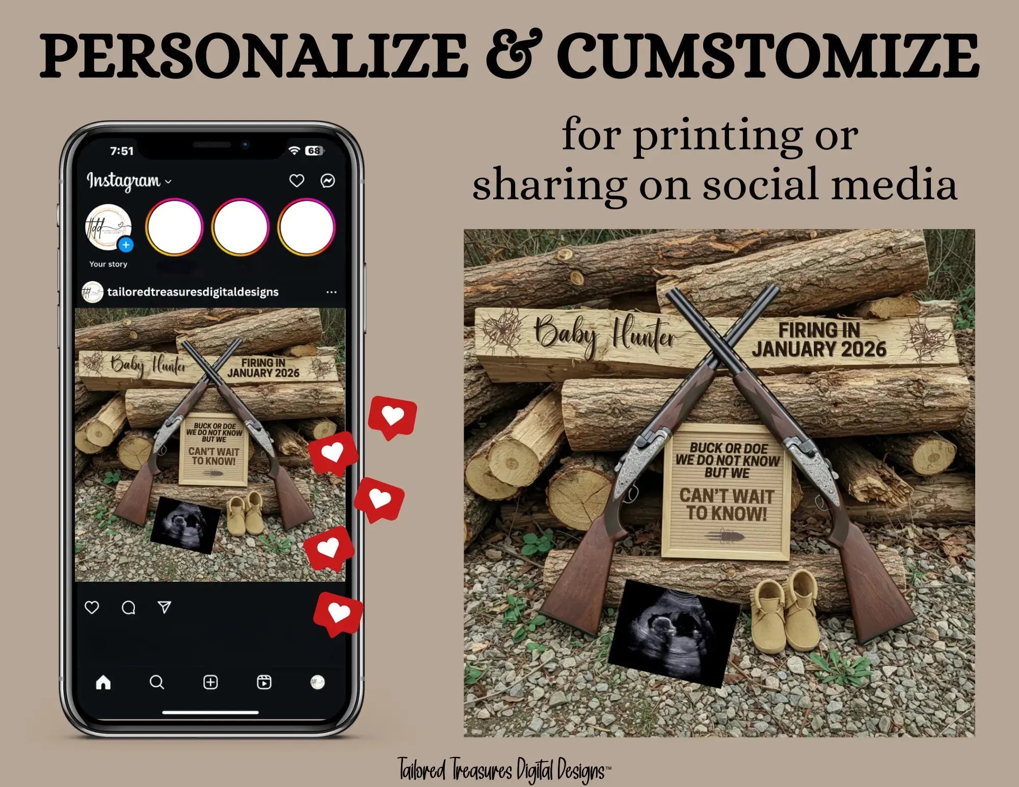 Hunting Rifle Digital Pregnancy Announcement, Buck or Doe, Canva Downloadable Editable Social Media Template TailoredTreasuresDigitalDesigns™