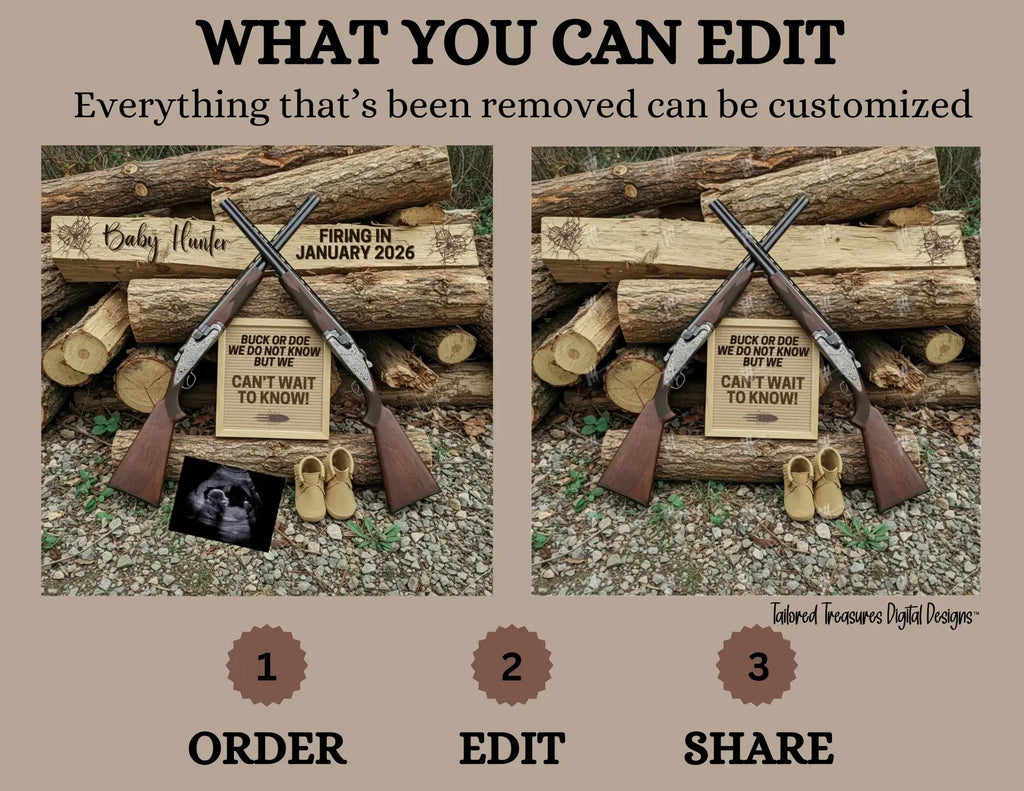 Hunting Rifle Digital Pregnancy Announcement, Buck or Doe, Canva Downloadable Editable Social Media Template TailoredTreasuresDigitalDesigns™