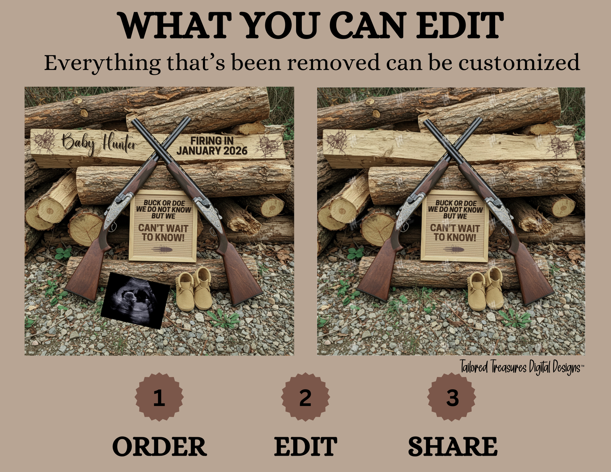 Digital Rifle Themed Pregnancy Announcement, Buck or Doe, Customizable, Downloadable Editable Template TailoredTreasuresDigitalDesigns™