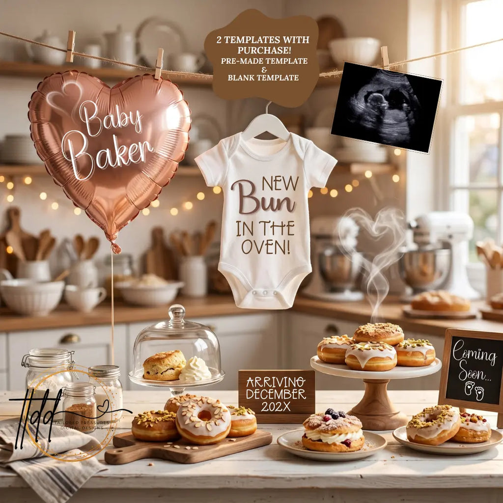 Bun in The Oven, Digital Pregnancy Announcement, Customizable Baking Themed, Canva Instant Download Editable Template - TailoredTreasuresDigitalDesigns™