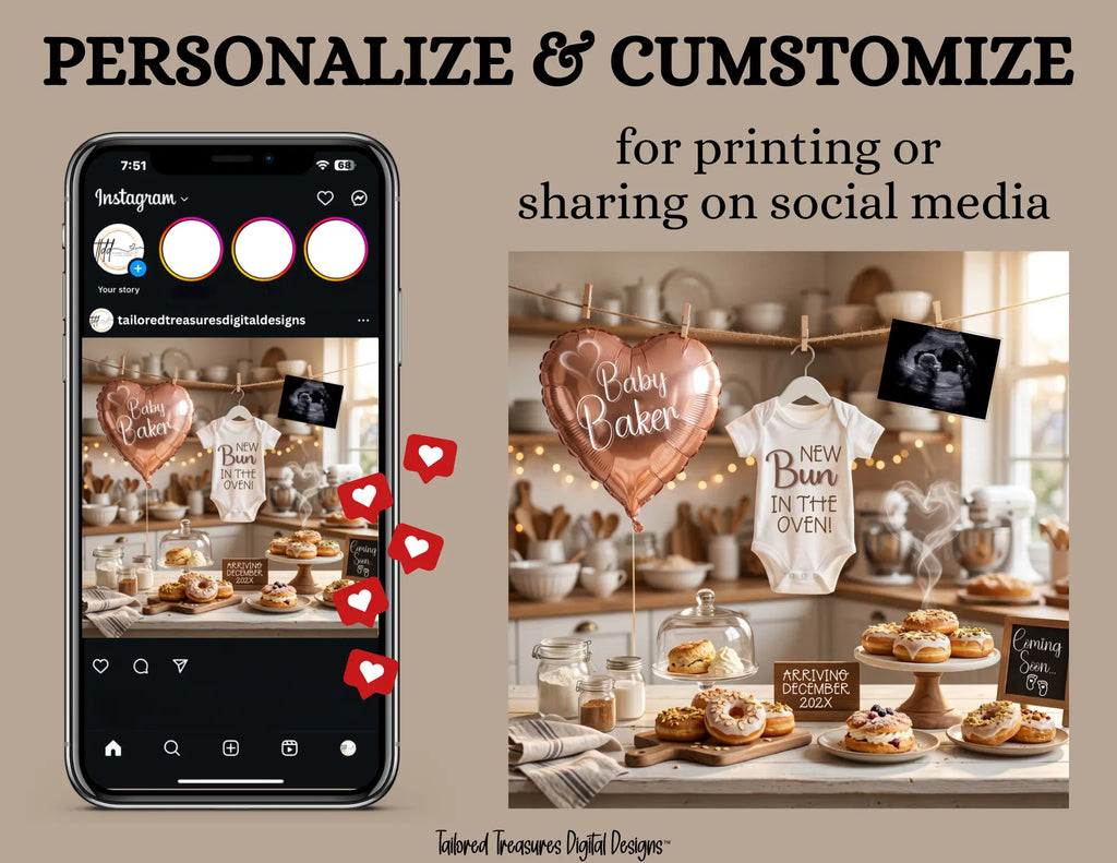 Bun in The Oven, Digital Pregnancy Announcement, Customizable Baking Themed, Canva Instant Download Editable Template - TailoredTreasuresDigitalDesigns™