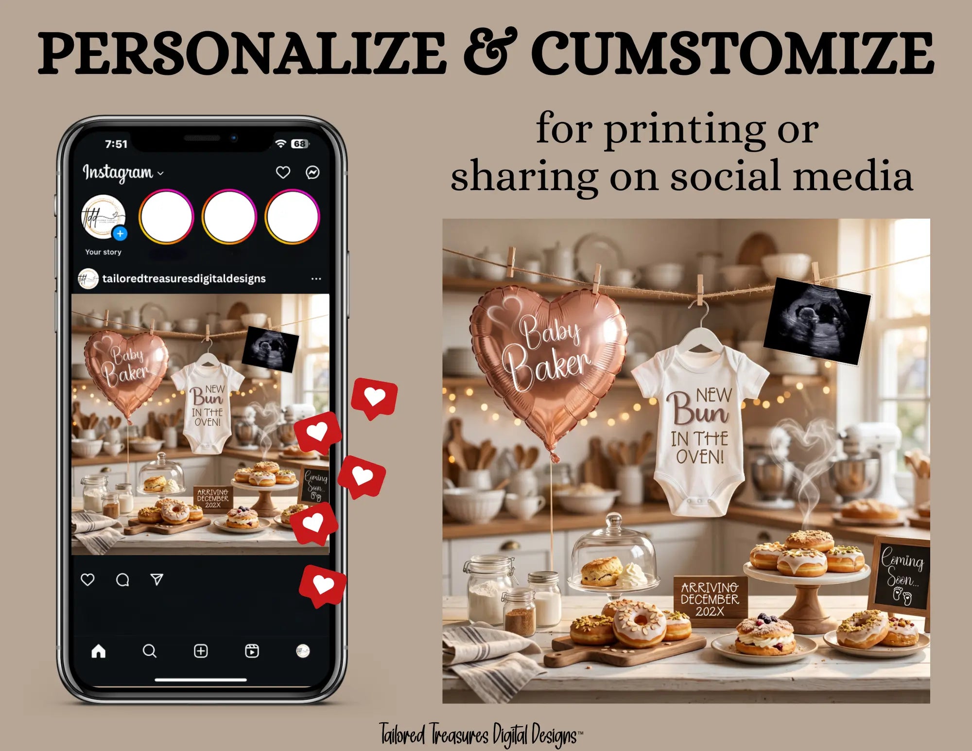 Bun in The Oven, Digital Pregnancy Announcement, Customizable Baking Themed, Canva Instant Download Editable Template - TailoredTreasuresDigitalDesigns™