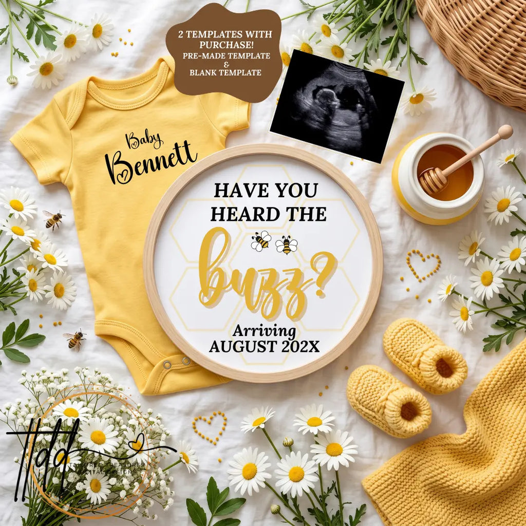 Have You Heard the Buzz? Honey Bee Pregnancy Announcement Template | Fully Editable Digital Download TailoredTreasuresDigitalDesigns™