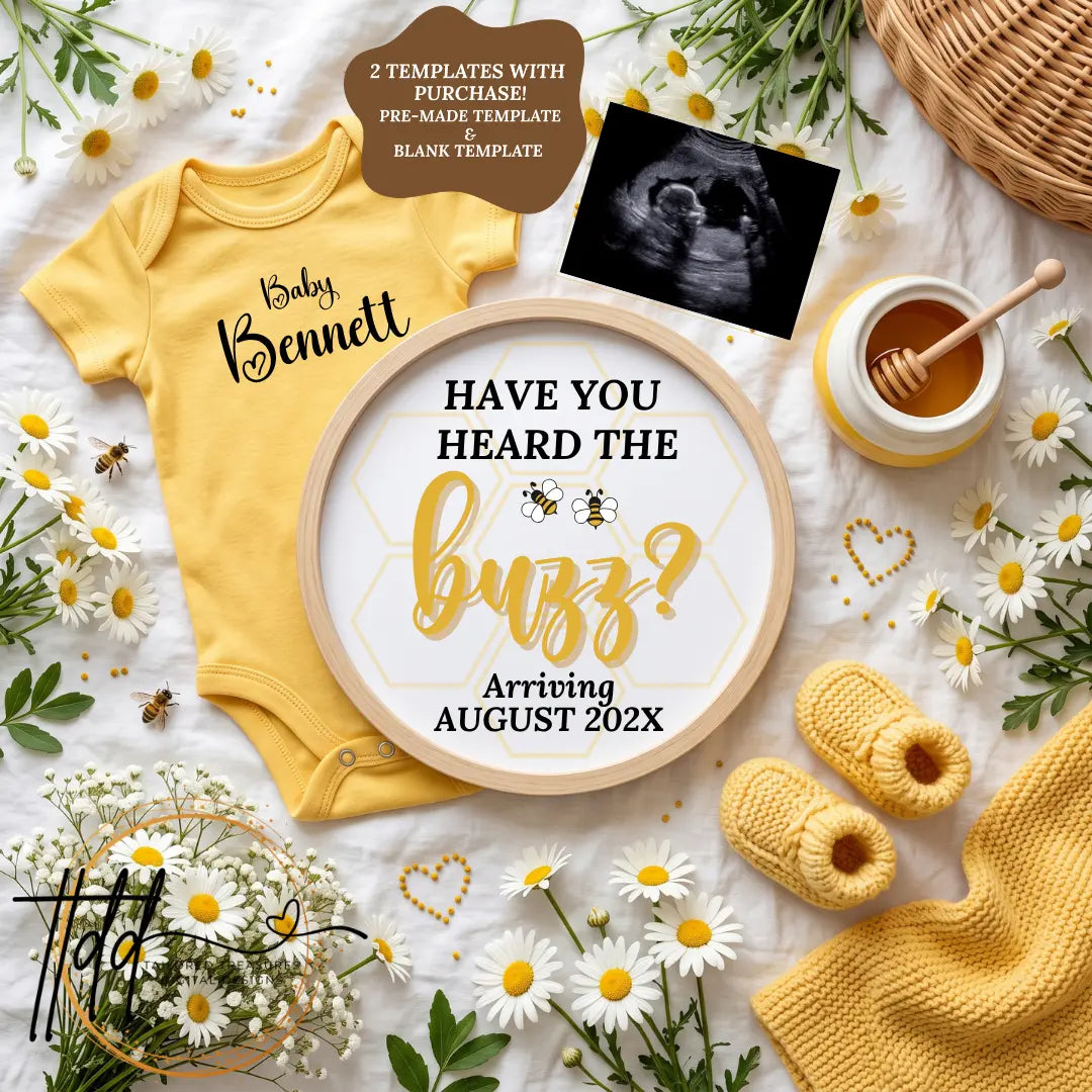 Have You Heard the Buzz? Honey Bee Pregnancy Announcement Template | Fully Editable Digital Download TailoredTreasuresDigitalDesigns™