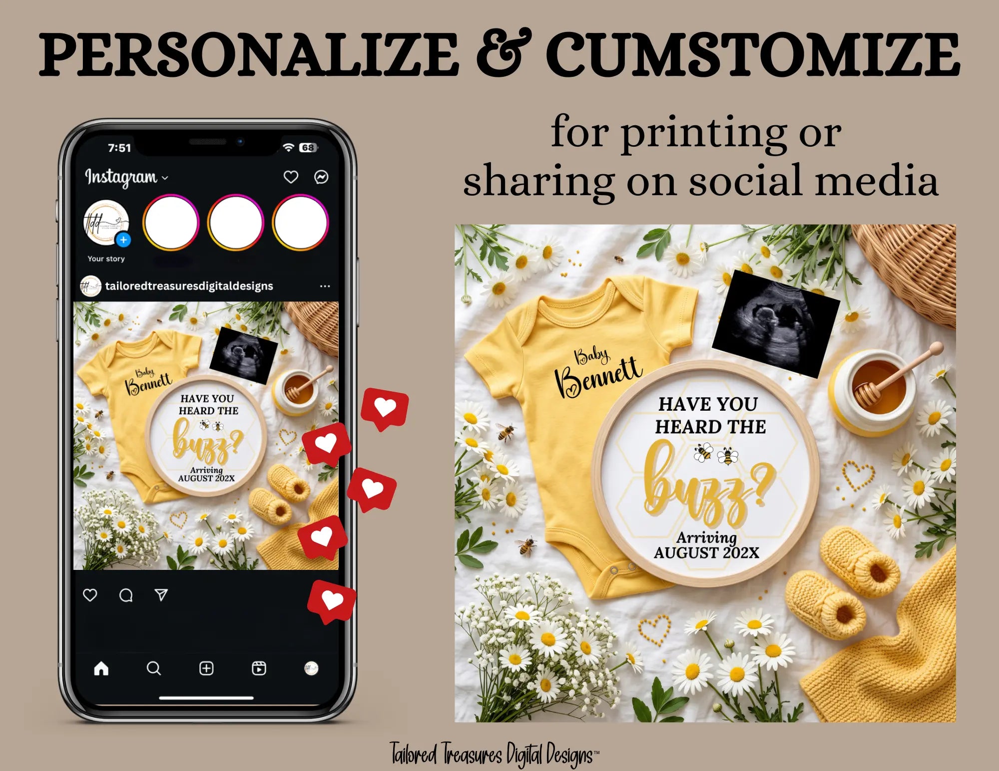 Have You Heard the Buzz? Honey Bee Pregnancy Announcement Template | Fully Editable Digital Download TailoredTreasuresDigitalDesigns™