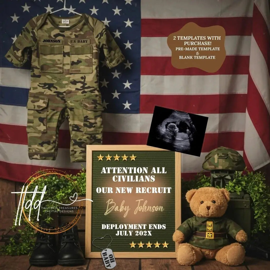 Digital Military Pregnancy Announcement, New Recruit, USA Baby, Soldier Customizable Personalized Editable Template TailoredTreasuresDigitalDesigns™