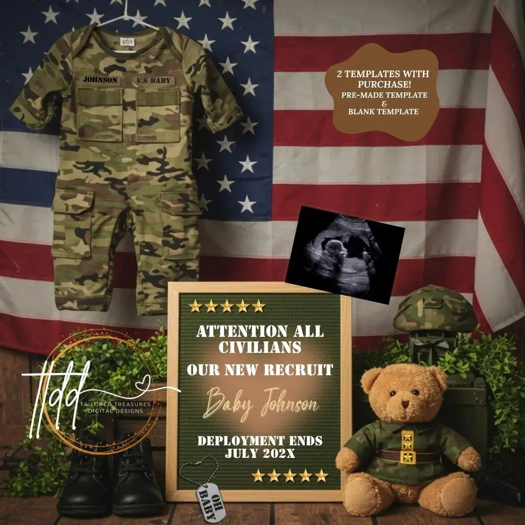 Digital Military Pregnancy Announcement, New Recruit, USA Baby, Soldier Customizable Personalized Editable Template TailoredTreasuresDigitalDesigns™