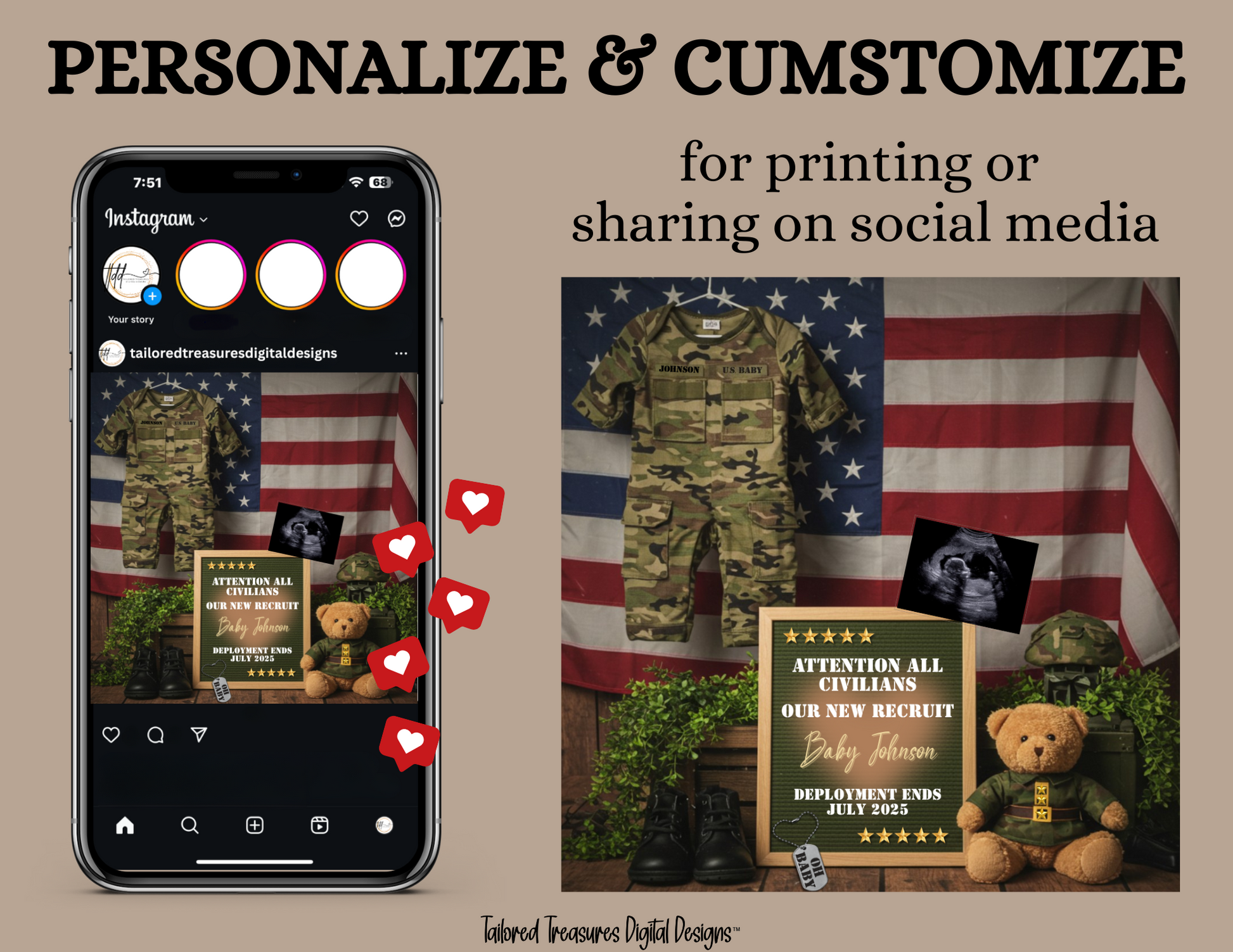Digital Military Pregnancy Announcement, New Recruit, USA Baby, Soldier Customizable Personalized Editable Template TailoredTreasuresDigitalDesigns™