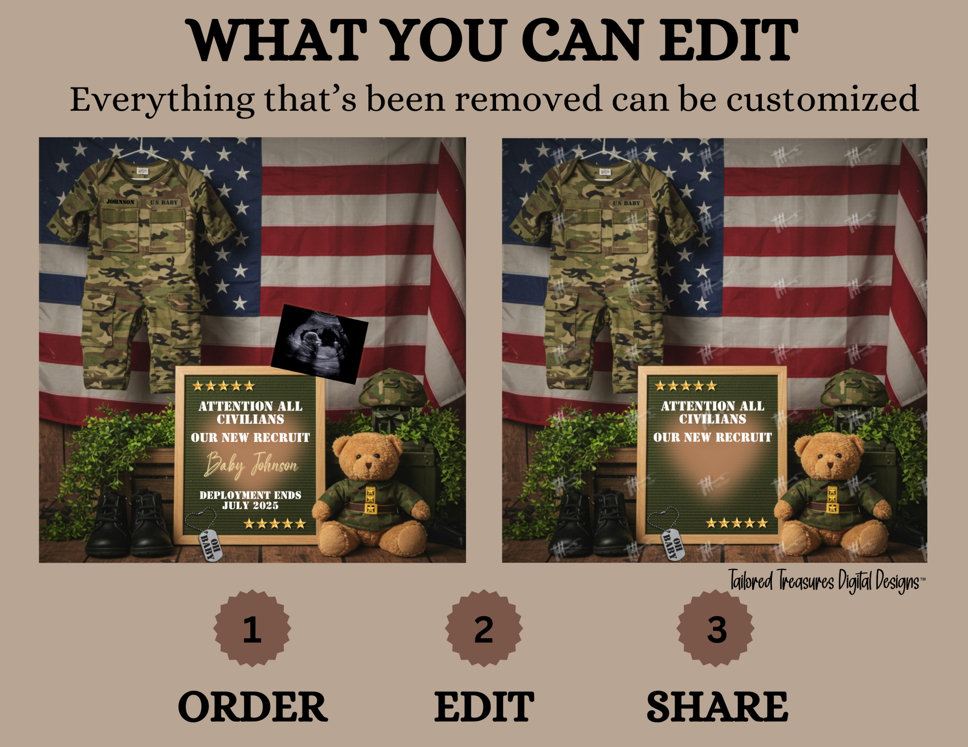 Digital Military Pregnancy Announcement, New Recruit, USA Baby, Soldier Customizable Personalized Editable Template TailoredTreasuresDigitalDesigns™