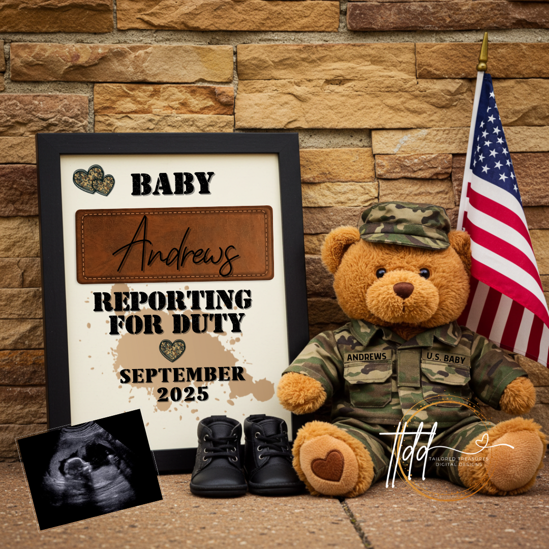 Digital Military Pregnancy Announcement, Reporting for Duty, USA Baby, Soldier Customizable Personalized Editable Template TailoredTreasuresDigitalDesigns™