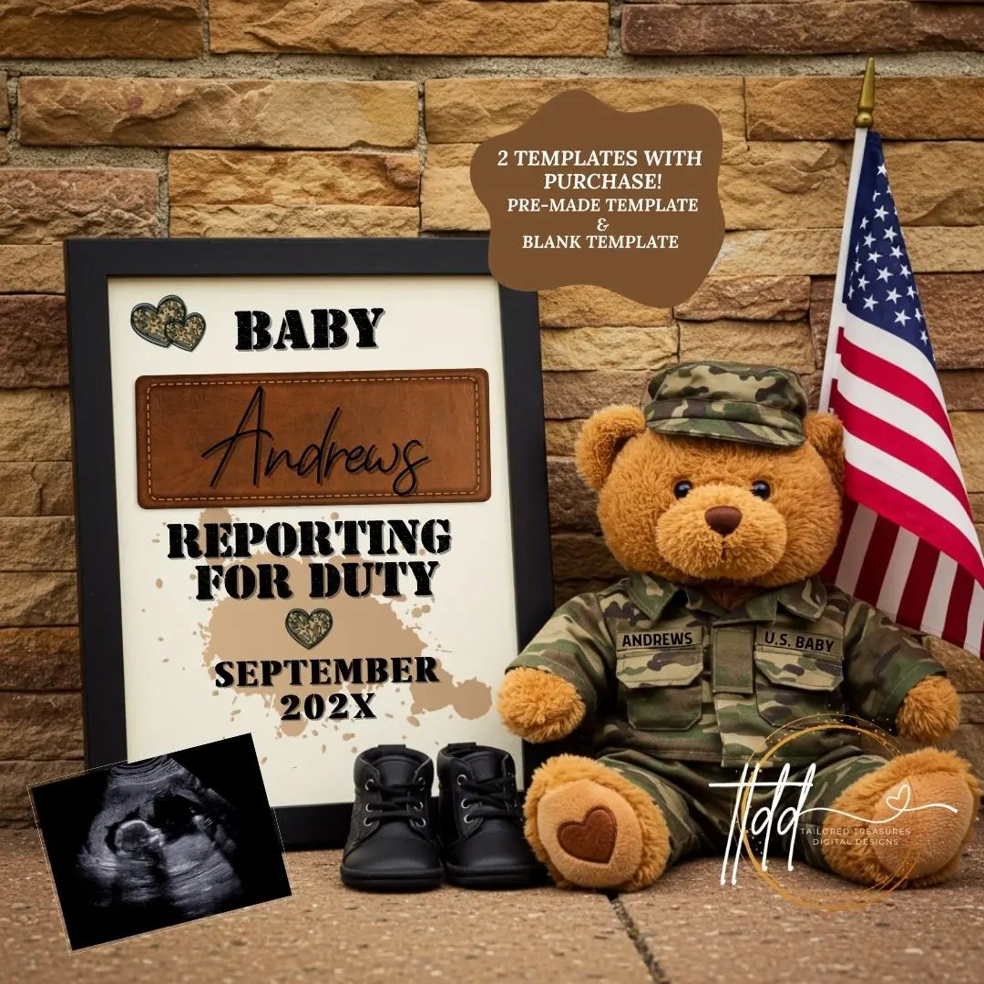 Digital Military Pregnancy Announcement, Reporting for Duty, USA Baby, Soldier Customizable Personalized Editable Template TailoredTreasuresDigitalDesigns™