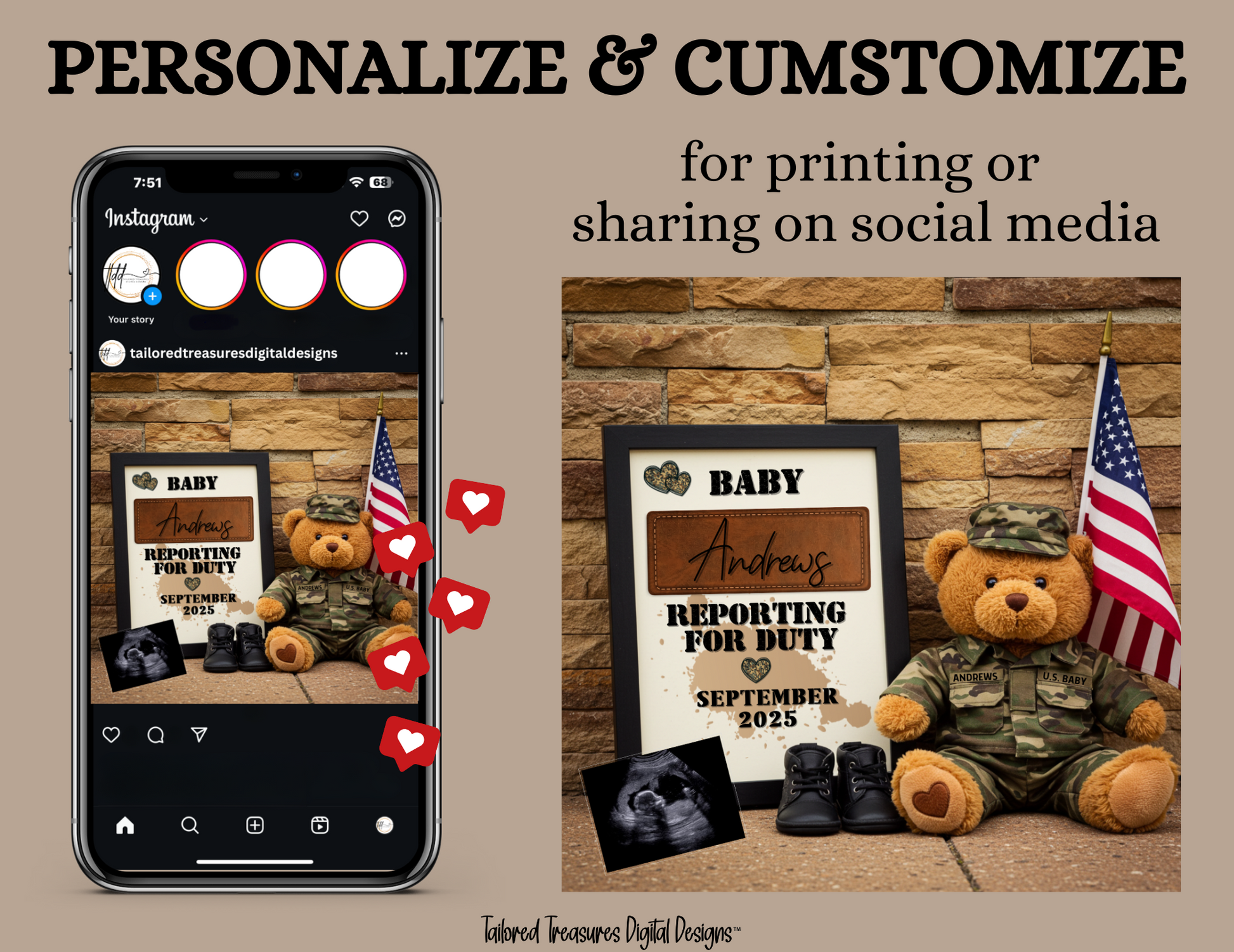 Digital Military Pregnancy Announcement, Reporting for Duty, USA Baby, Soldier Customizable Personalized Editable Template TailoredTreasuresDigitalDesigns™
