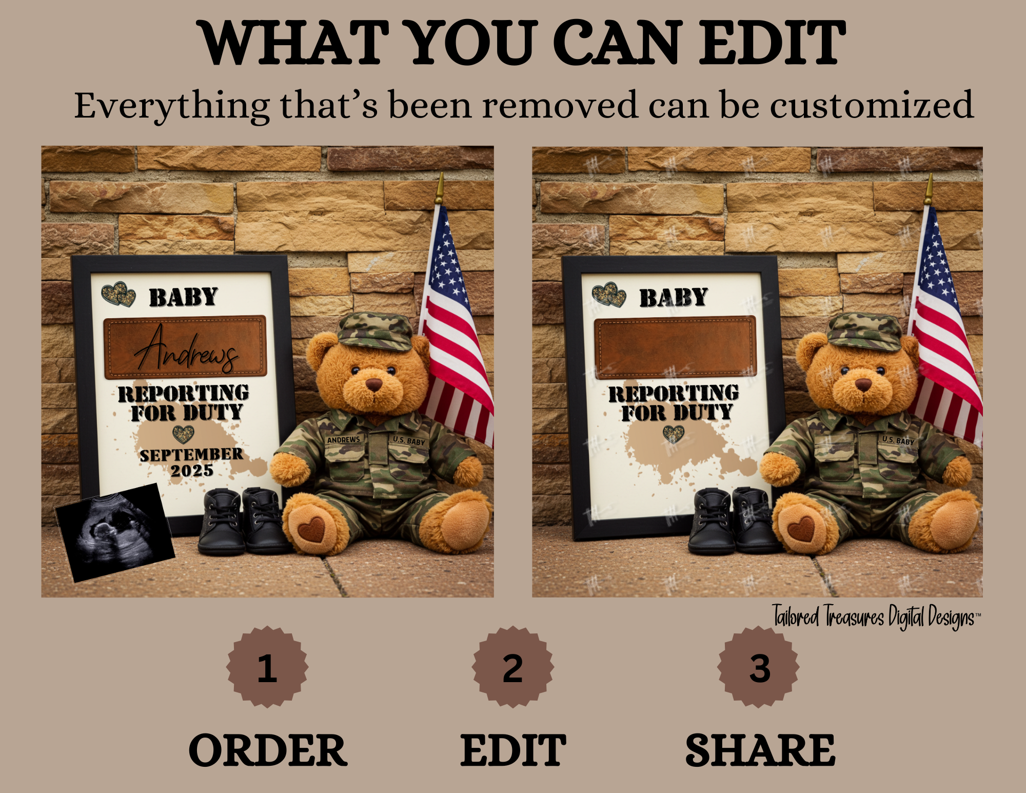 Digital Military Pregnancy Announcement, Reporting for Duty, USA Baby, Soldier Customizable Personalized Editable Template TailoredTreasuresDigitalDesigns™