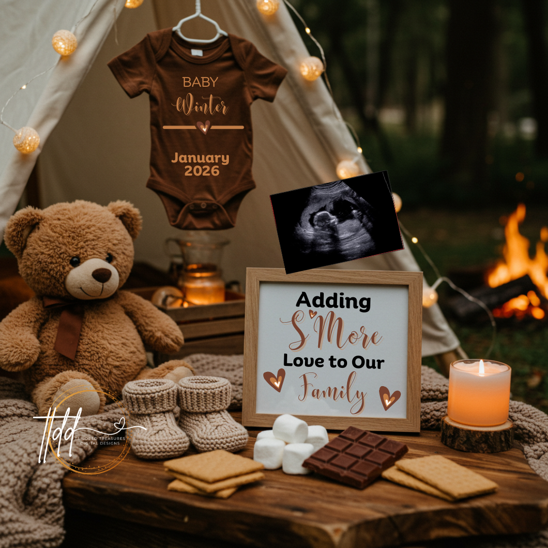 Baby reveal setup with brown baby onesie, teddy bear, and 'Adding S'more Love to Our Family' sign.