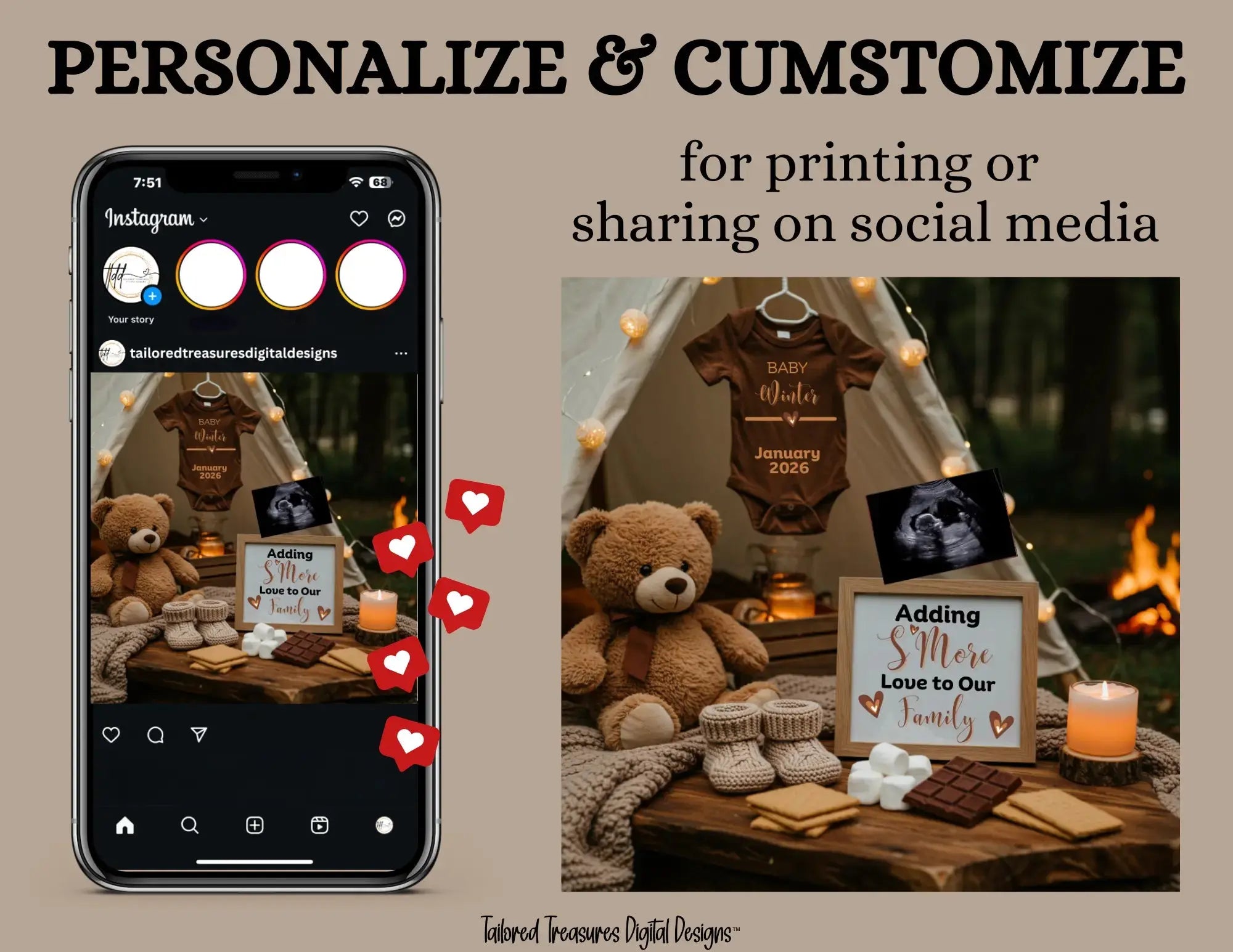 Adding S'mores Love To Our Family, S'mores Camping Digital Pregnancy Announcement, Customizable Editable Template, Gender Neutral - TailoredTreasuresDigitalDesigns™