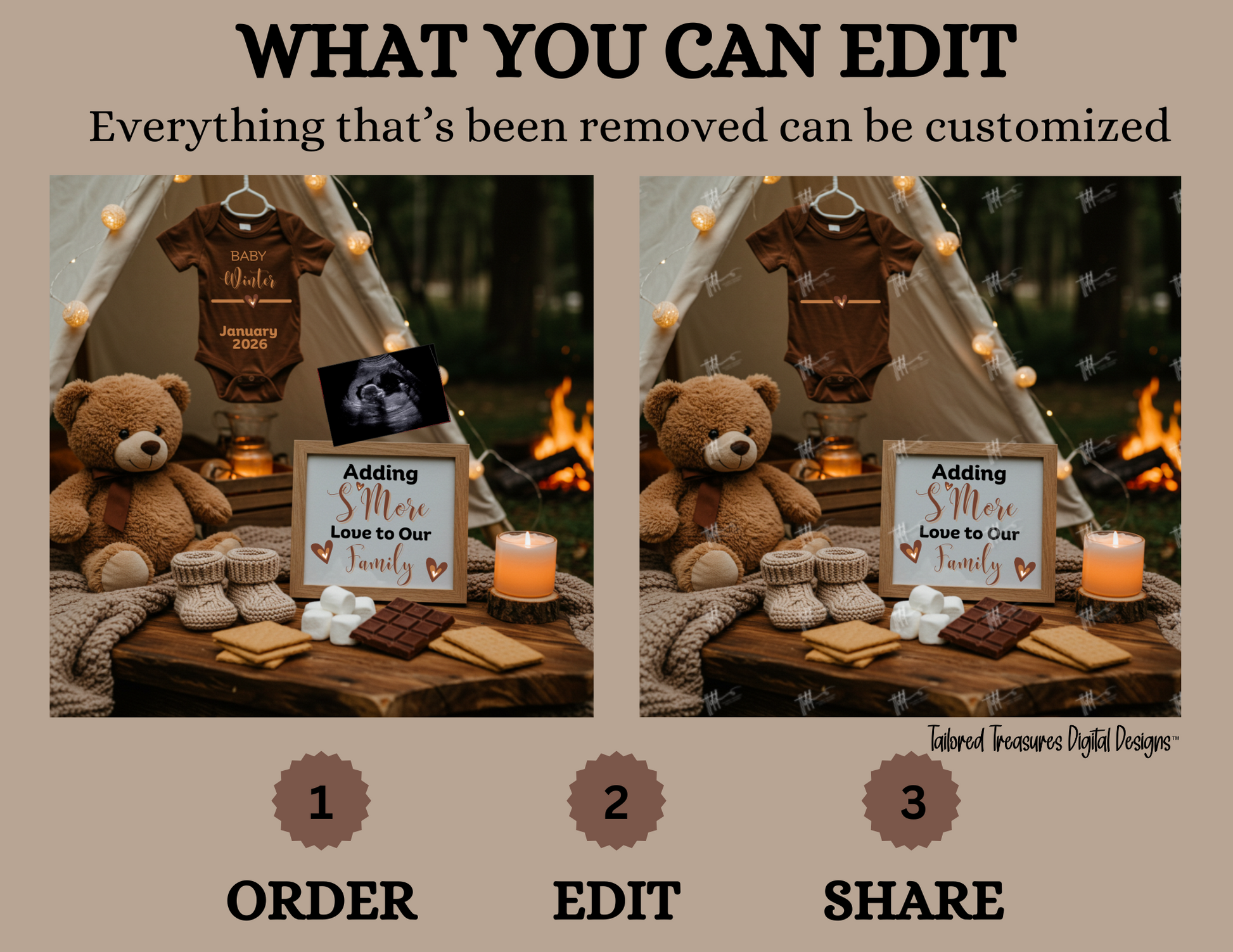 Product display with teddy bear, sign, and campfire setup, showing customization options.