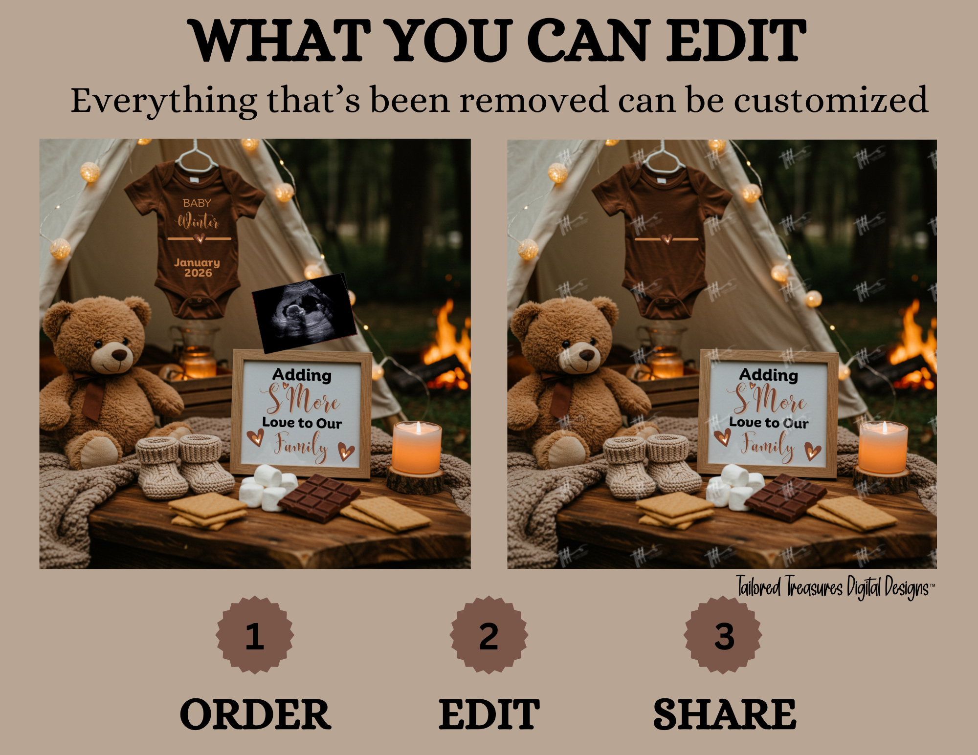 Product display with teddy bear, sign, and campfire setup, showing customization options.