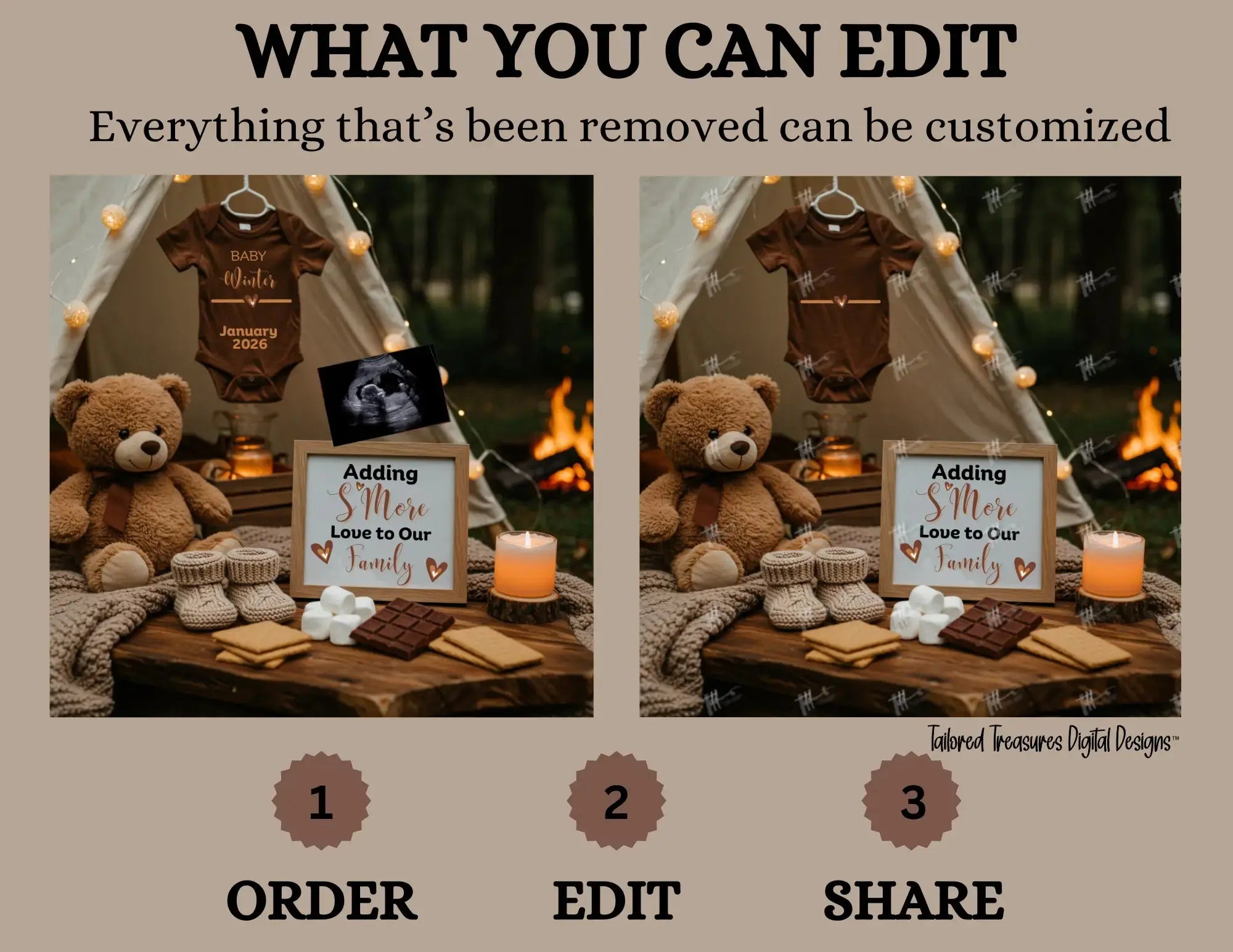 Adding S'mores Love To Our Family, S'mores Camping Digital Pregnancy Announcement, Customizable Editable Template, Gender Neutral - TailoredTreasuresDigitalDesigns™