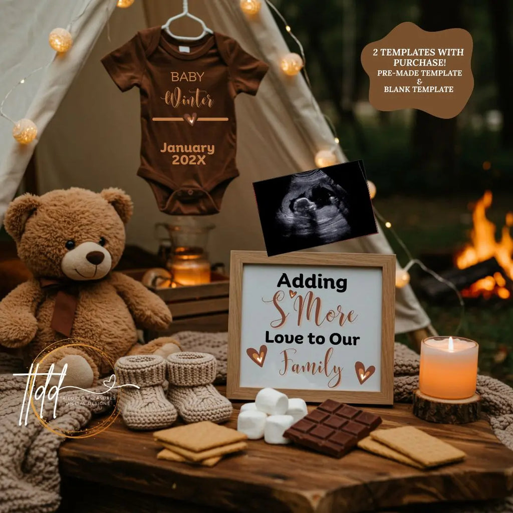Adding S'mores Love To Our Family, S'mores Camping Digital Pregnancy Announcement, Customizable Editable Template, Gender Neutral - TailoredTreasuresDigitalDesigns™