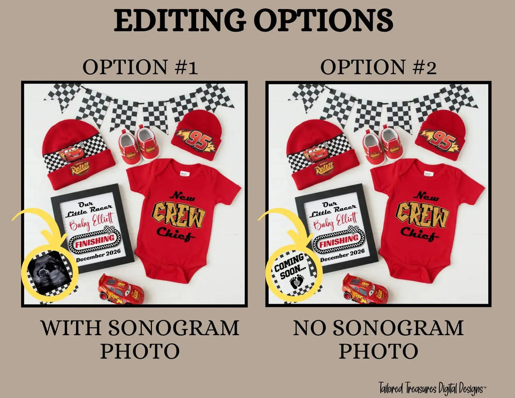 Digital Pregnancy Announcement, Our Little Racer, Customizable Disney Cars Themed, Personalized Editable Template TailoredTreasuresDigitalDesigns™