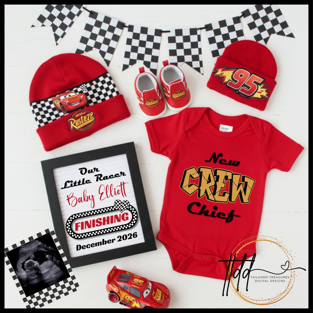 Digital Pregnancy Announcement, Our Little Racer, Customizable Disney Cars Themed, Personalized Editable Template TailoredTreasuresDigitalDesigns™