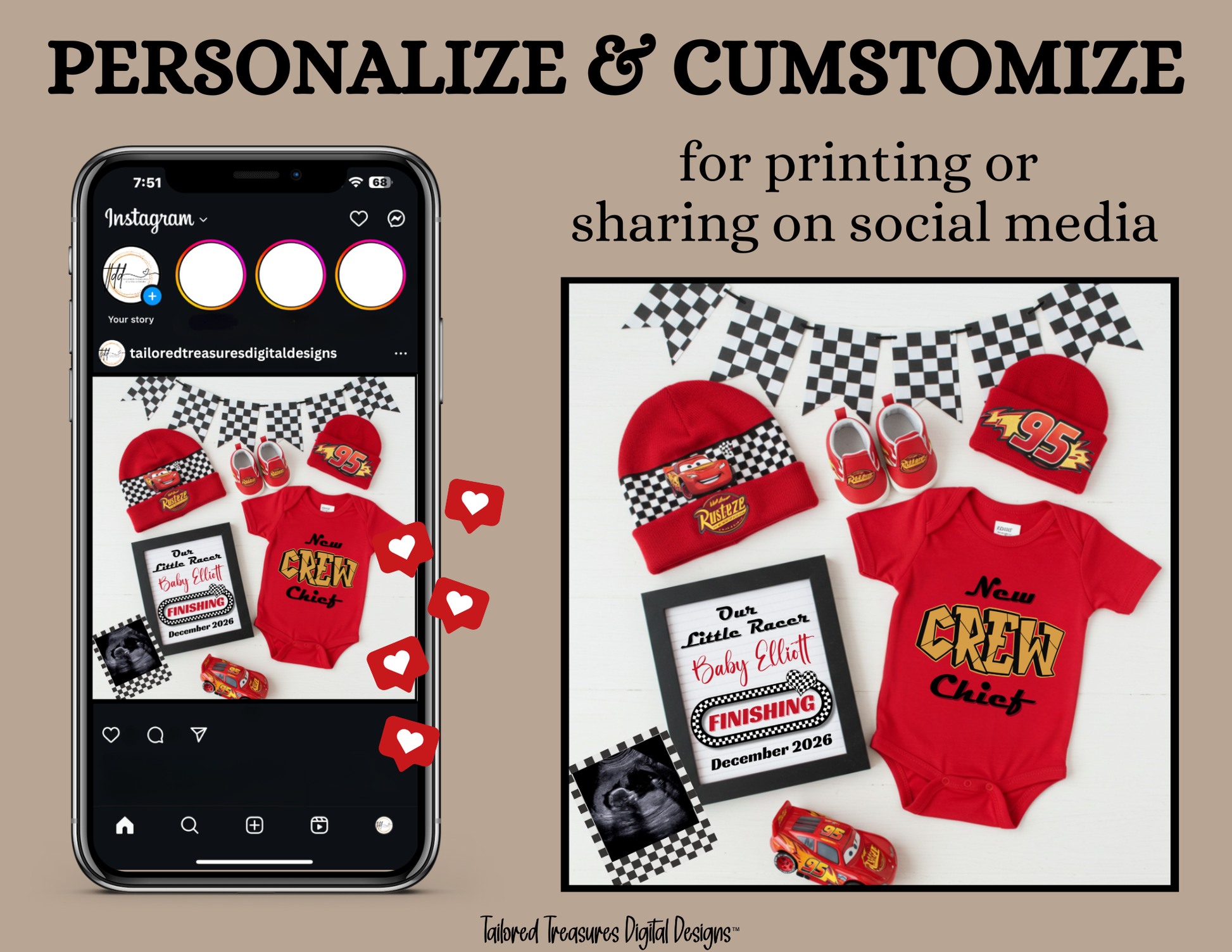 Digital Pregnancy Announcement, Our Little Racer, Customizable Disney Cars Themed, Personalized Editable Template TailoredTreasuresDigitalDesigns™