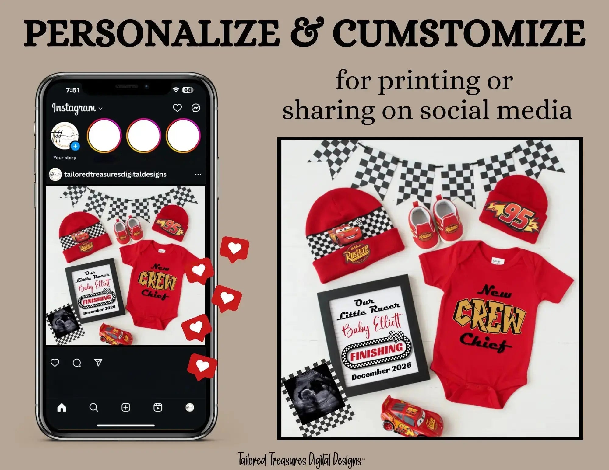 Digital Pregnancy Announcement, Our Little Racer, Customizable Disney Cars Themed, Personalized Editable Template TailoredTreasuresDigitalDesigns™