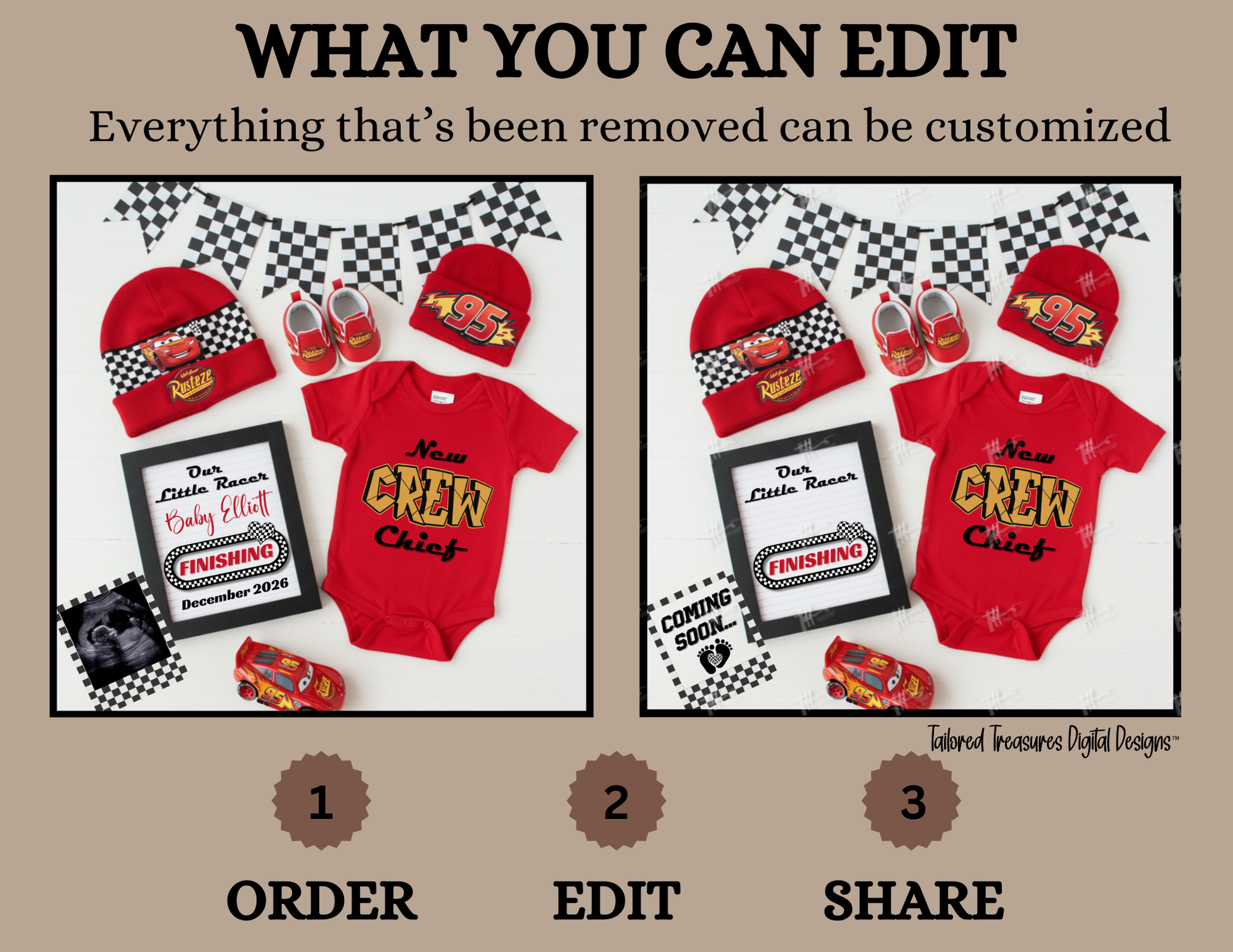 Digital Pregnancy Announcement, Our Little Racer, Customizable Disney Cars Themed, Personalized Editable Template TailoredTreasuresDigitalDesigns™
