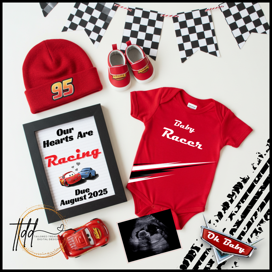 Digital Pregnancy Announcement, Our Hearts Are Racing, Customizable Disney Cars Themed, Personalized Editable Template TailoredTreasuresDigitalDesigns™