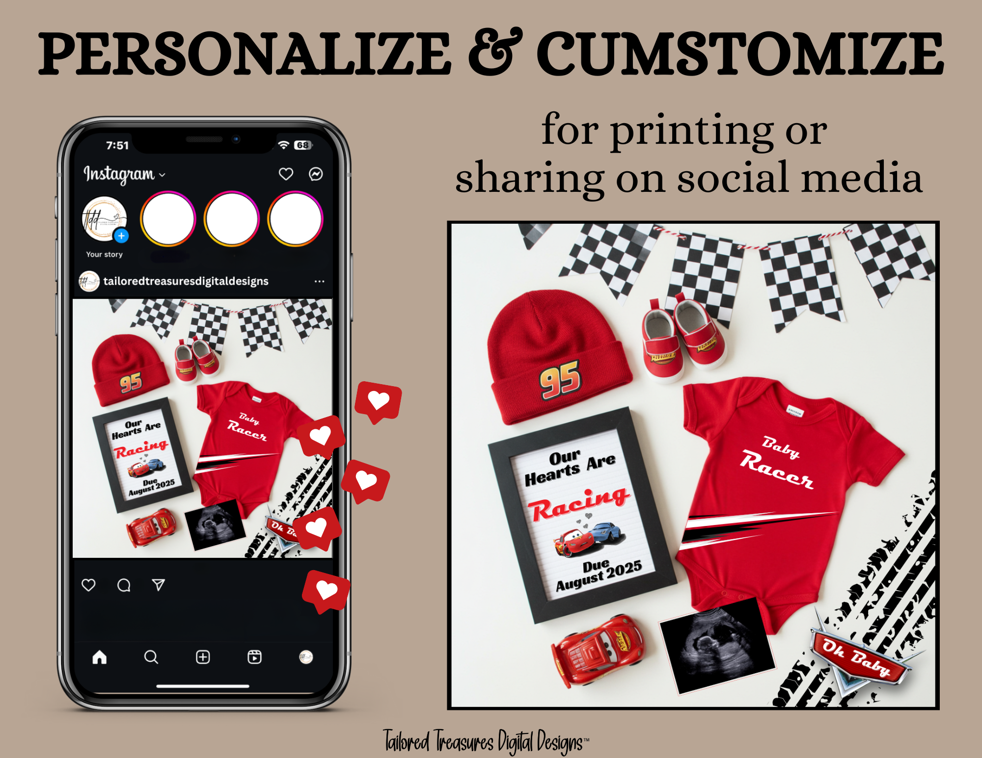 Digital Pregnancy Announcement, Our Hearts Are Racing, Customizable Disney Cars Themed, Personalized Editable Template TailoredTreasuresDigitalDesigns™