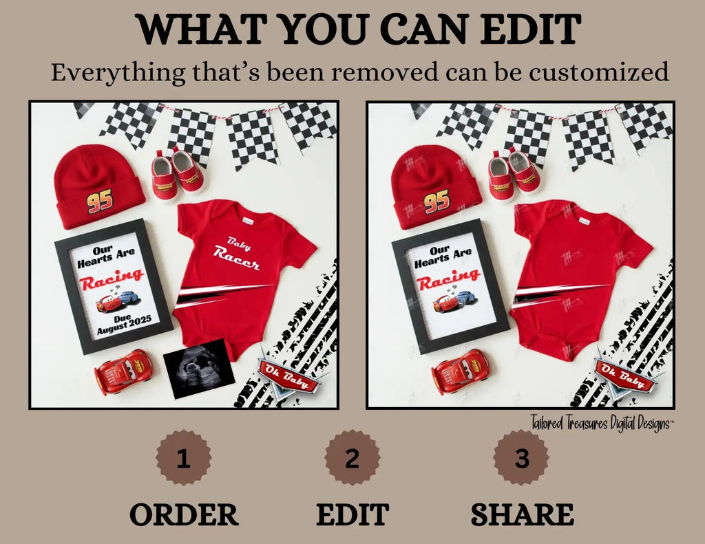Digital Pregnancy Announcement, Our Hearts Are Racing, Customizable Disney Cars Themed, Personalized Editable Template TailoredTreasuresDigitalDesigns™