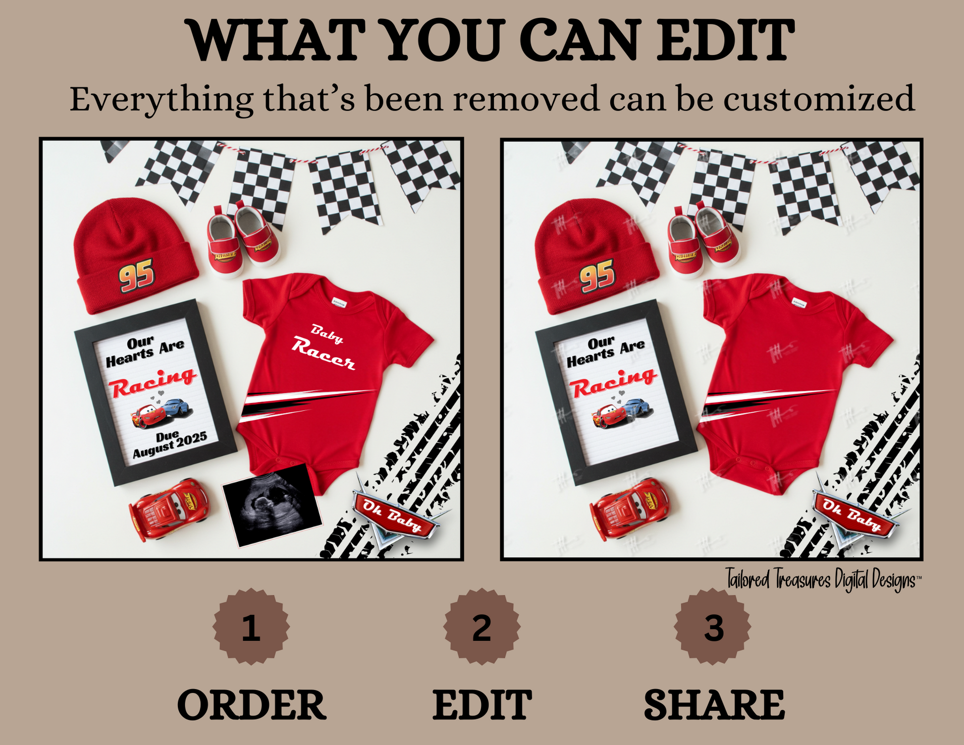 Digital Pregnancy Announcement, Our Hearts Are Racing, Customizable Disney Cars Themed, Personalized Editable Template TailoredTreasuresDigitalDesigns™