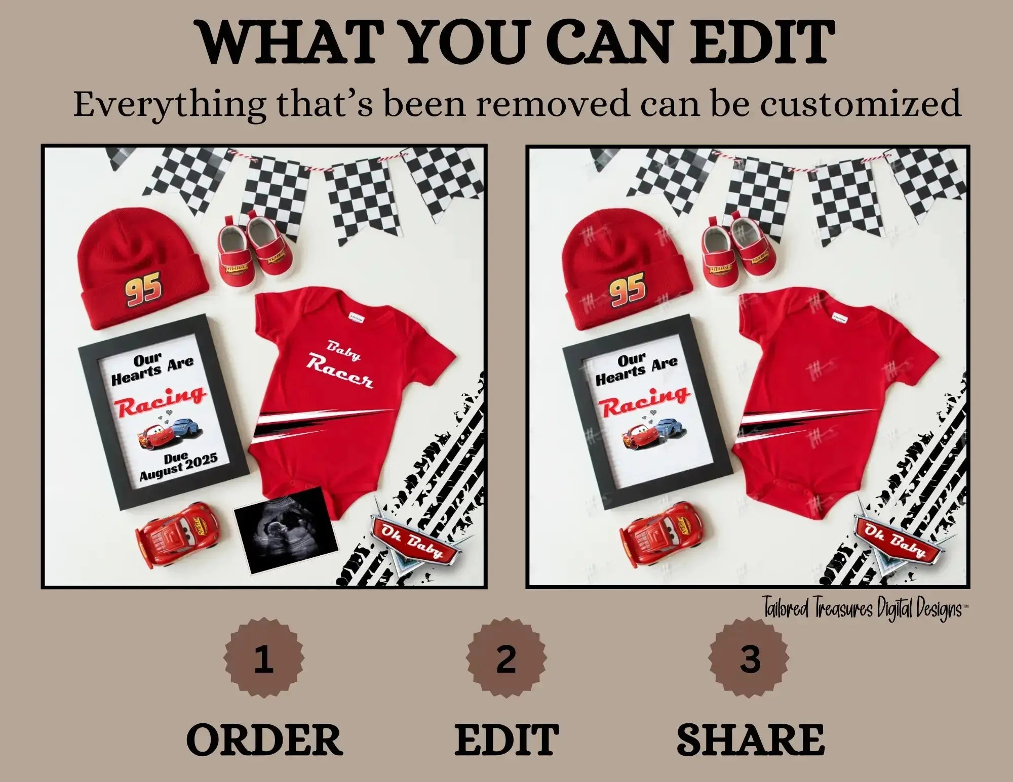 Digital Pregnancy Announcement, Our Hearts Are Racing, Customizable Disney Cars Themed, Personalized Editable Template TailoredTreasuresDigitalDesigns™
