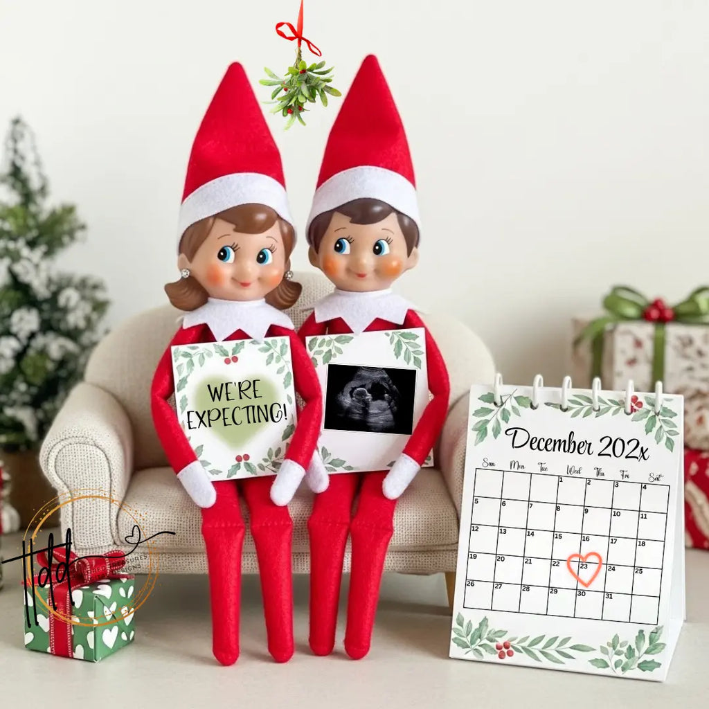 We're Expecting, Elf Shelf Digital Pregnancy Announcement, Christmas Customizable Editable Template - TailoredTreasuresDigitalDesigns™