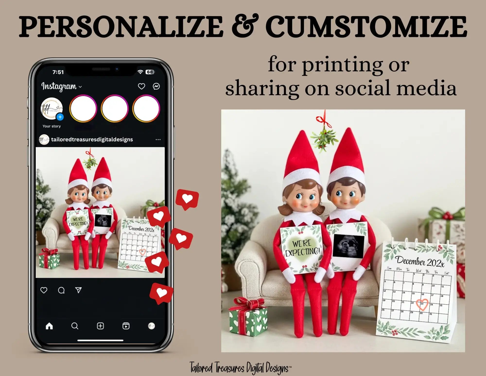 We're Expecting, Elf Shelf Digital Pregnancy Announcement, Christmas Customizable Editable Template - TailoredTreasuresDigitalDesigns™
